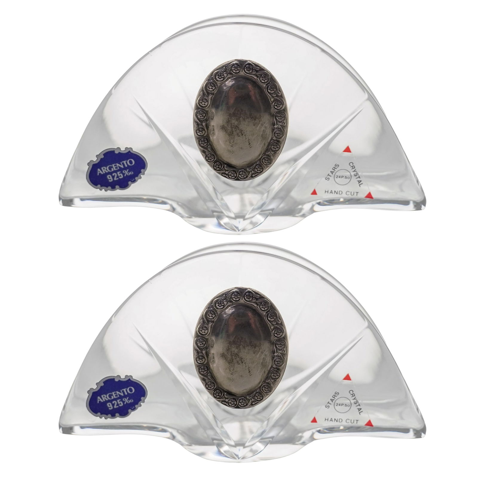 Pair Argento Crystal & Sterling Silver Napkin Holders: Pair Argento Crystal & Sterling Silver Napkin Holders 1970s-90s, Italian. Each Holder is crafted from clear, heavy glass with a curved, crescent, arc-like silhouette. The center of each piece