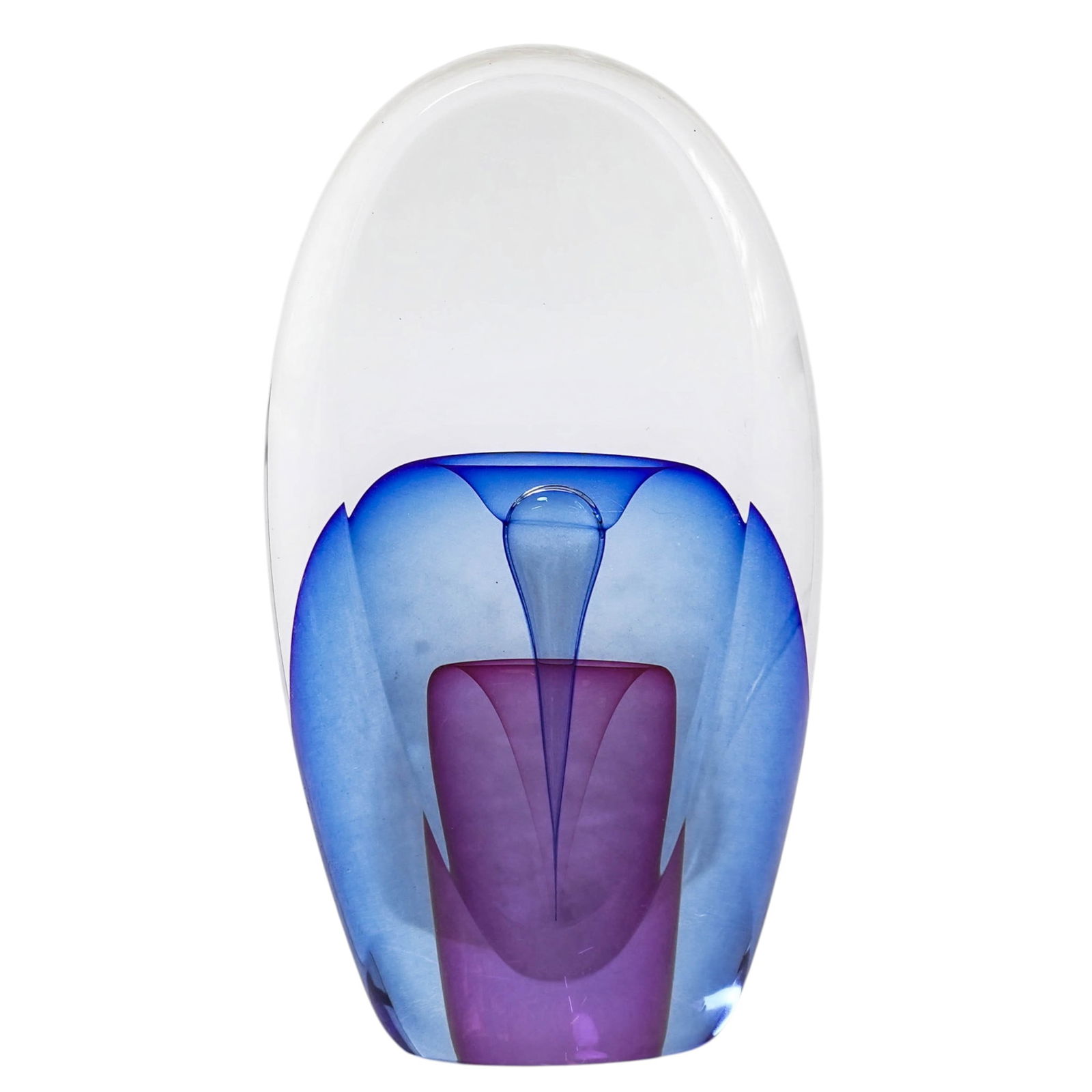 Ed Nesteruk Art Glass Paperweight: Ed Nesteruk Art Glass Paperweight2003, USAStudio art glass paperweight in cobalt blue with a double-veiled form, enclosing an internal teardrop element in violet and rose tones. Polished base. Signed