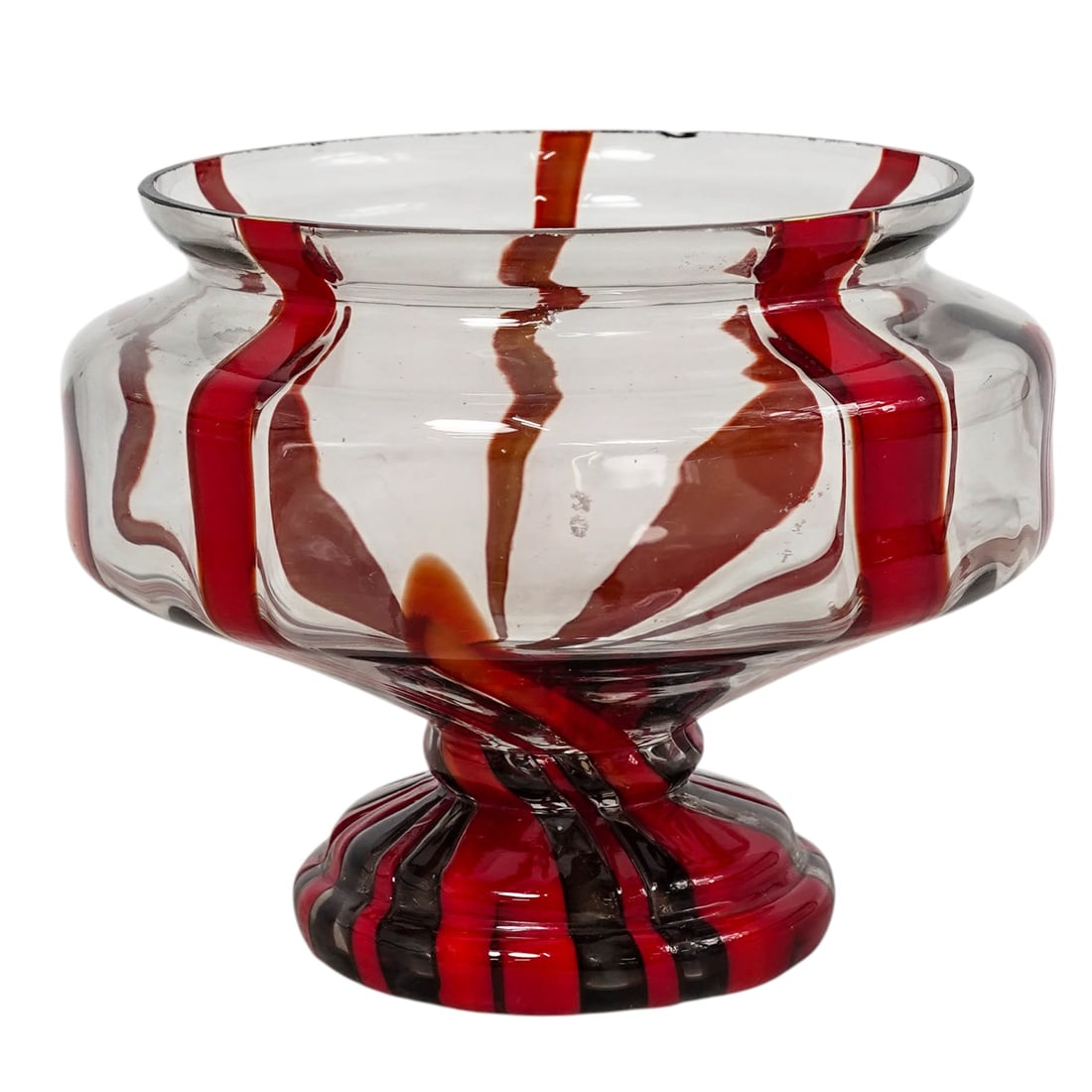 Franz Welz Art Glass Pedestal Bowl: Franz Welz Art Glass Pedestal Bowl 1930s, Czechoslovakia Art glass pedestal bowl by Franz Welz in clear glass with vertical orange and red striping cased within the body. Broad, shallow bowl form
