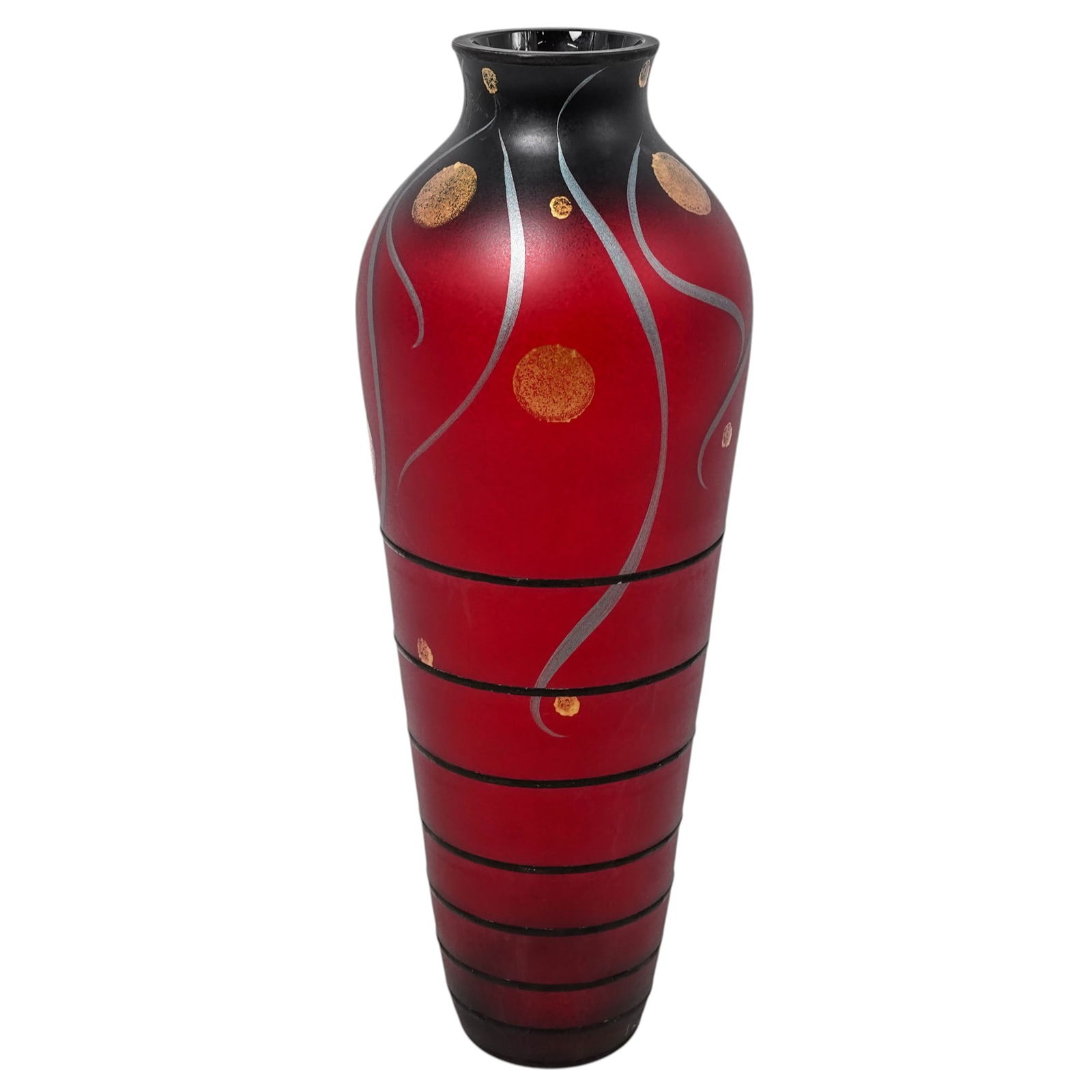 Miracle Studios Glass "Moon Celestial" Vase: Miracle Studios Glass "Moon Celestial" Vase 20th century, Czech Tall hand-painted bohemian glass vase featuring a red-to-black gradient, concentric black bands around the body, gold circular "moon"