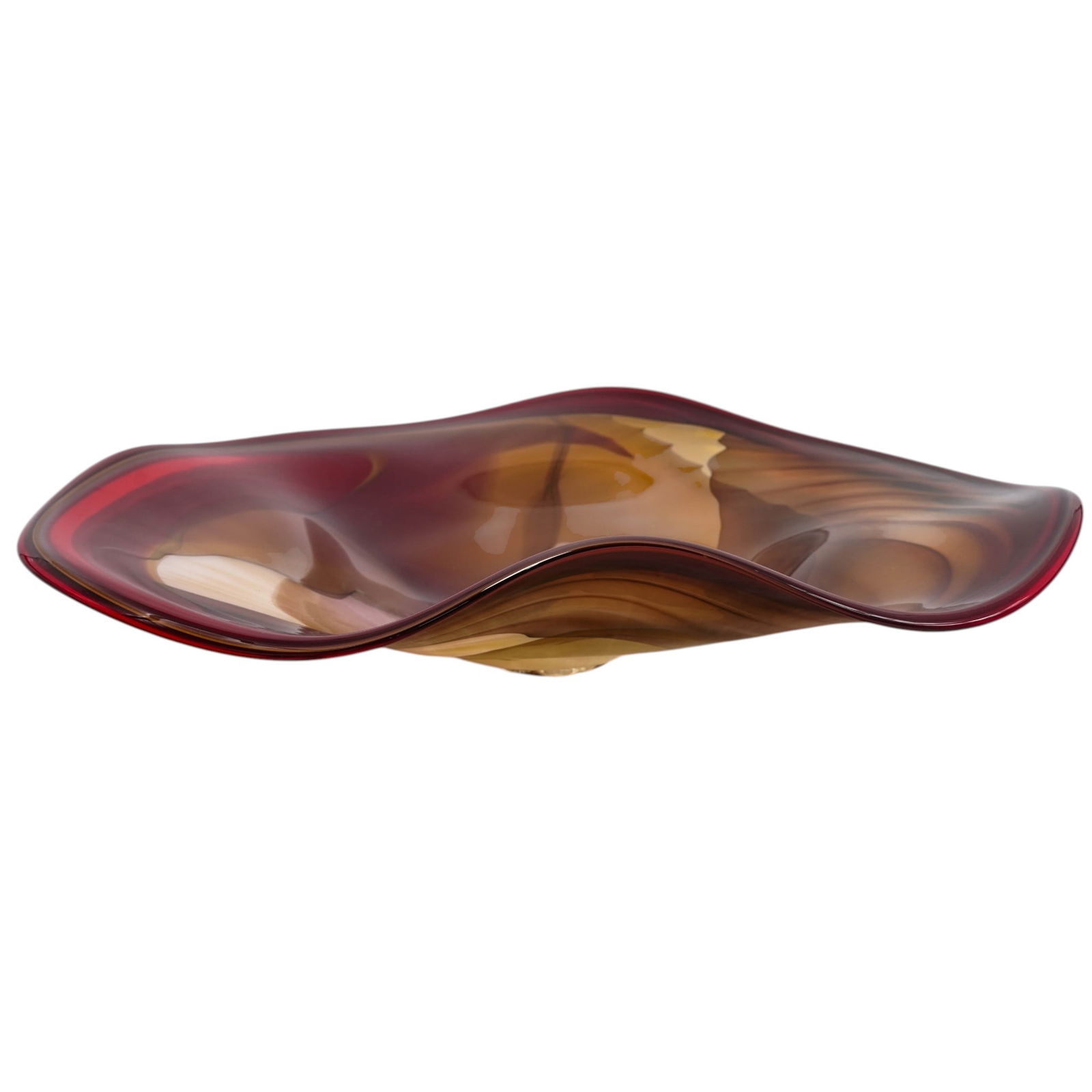 Large Red and Gold Art Glass Centerpiece Bowl: Large Red and Gold Art Glass Centerpiece Bowl20th CenturyVery large centerpiece bowl in deep red art glass with flowing gold and amber swirled coloration throughout the body. The form features an orga