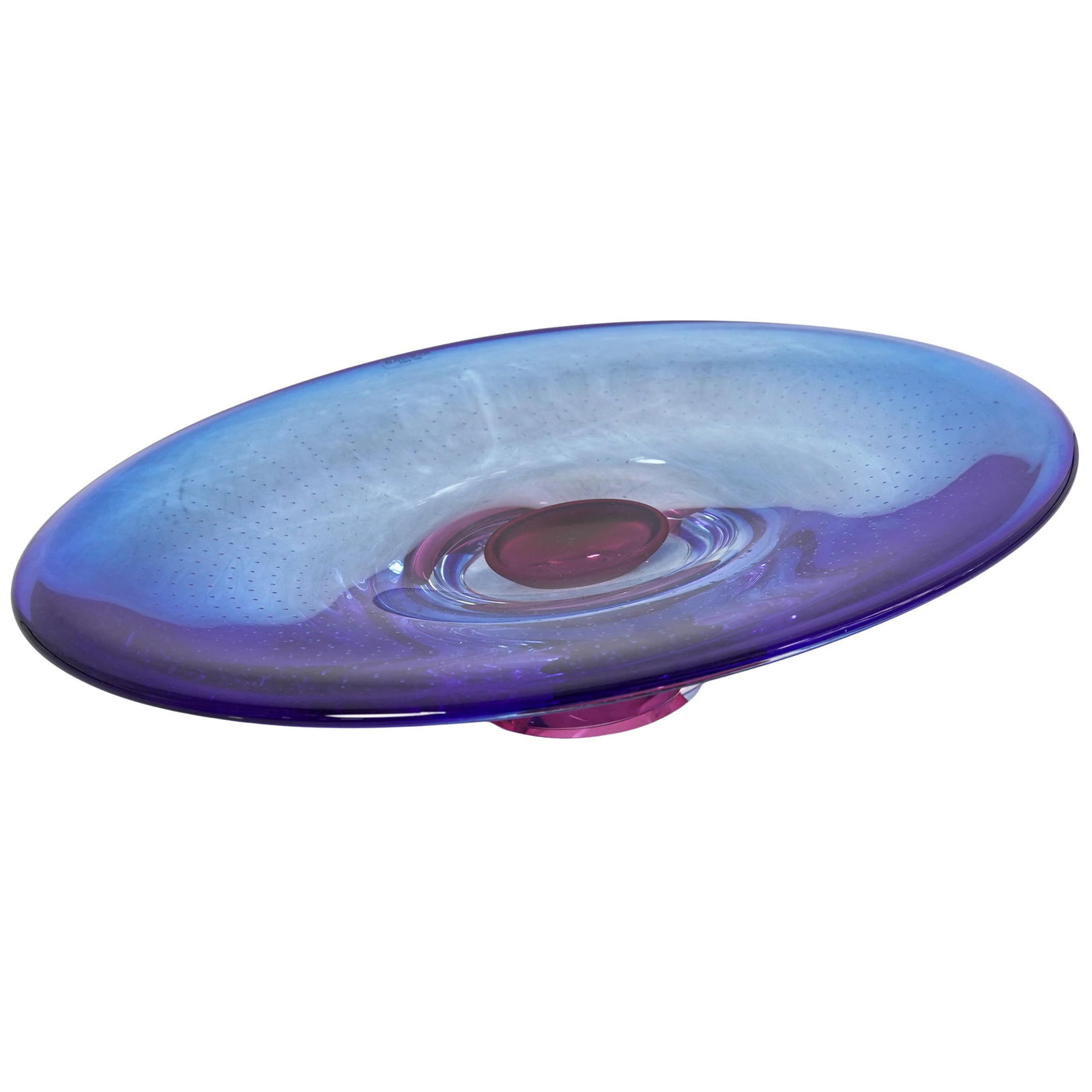 Goran Warff for Kosta Boda Art Glass Centerpiece: Goran Warff for Kosta Boda Art Glass CenterpieceLate 20th Century, SwedenFree-form oval art glass centerpiece in deep cobalt blue with a magenta ring and controlled central bubble inclusion. Thick, po