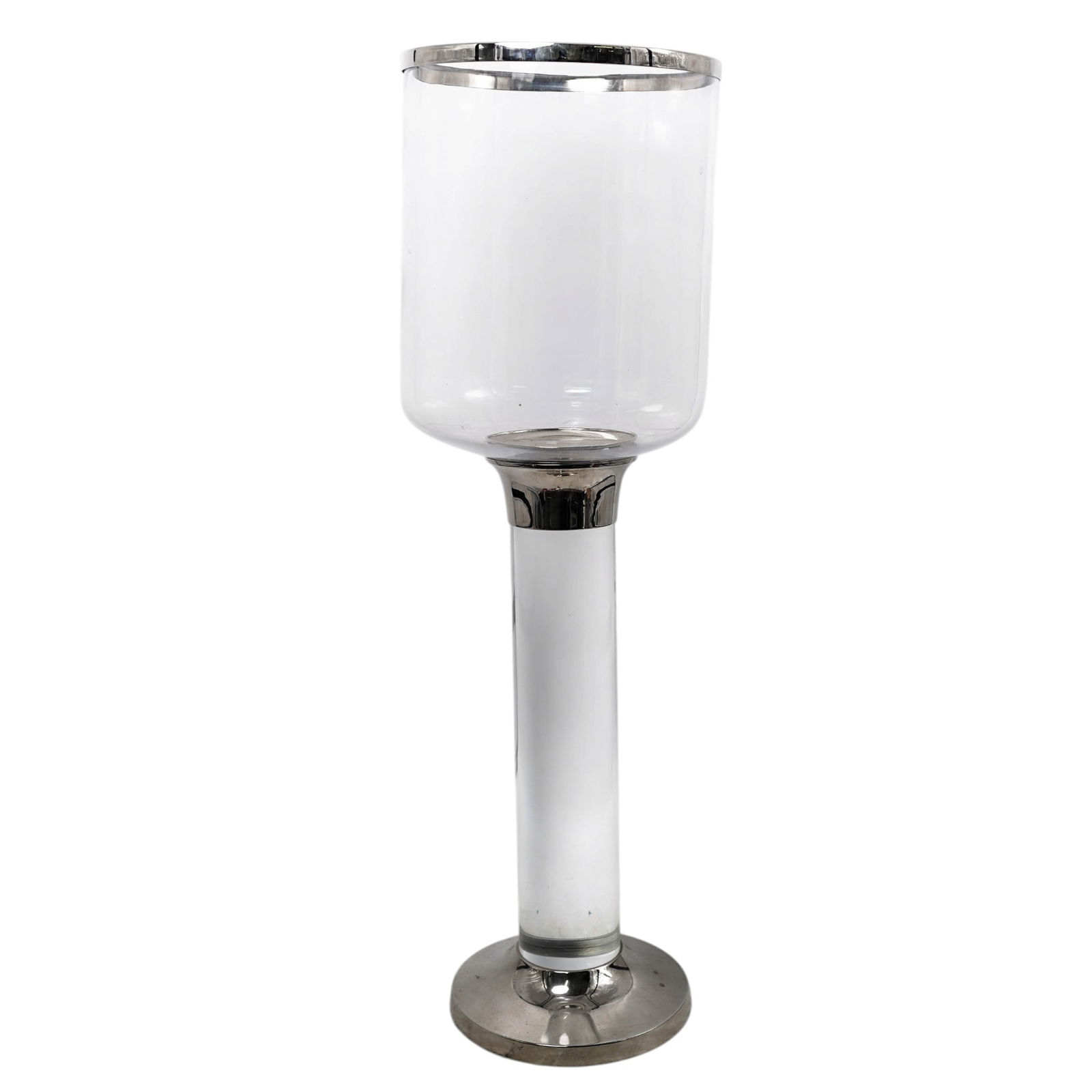 Post Modern Glass and Chrome Floor Vase: Post Modern Glass and Chrome Floor VaseLate 20th-early 21st century, AmericanA glass floor vase with chrome accents in the mid-century modern inspired design styles offered by Global Views.H 35" x Bas