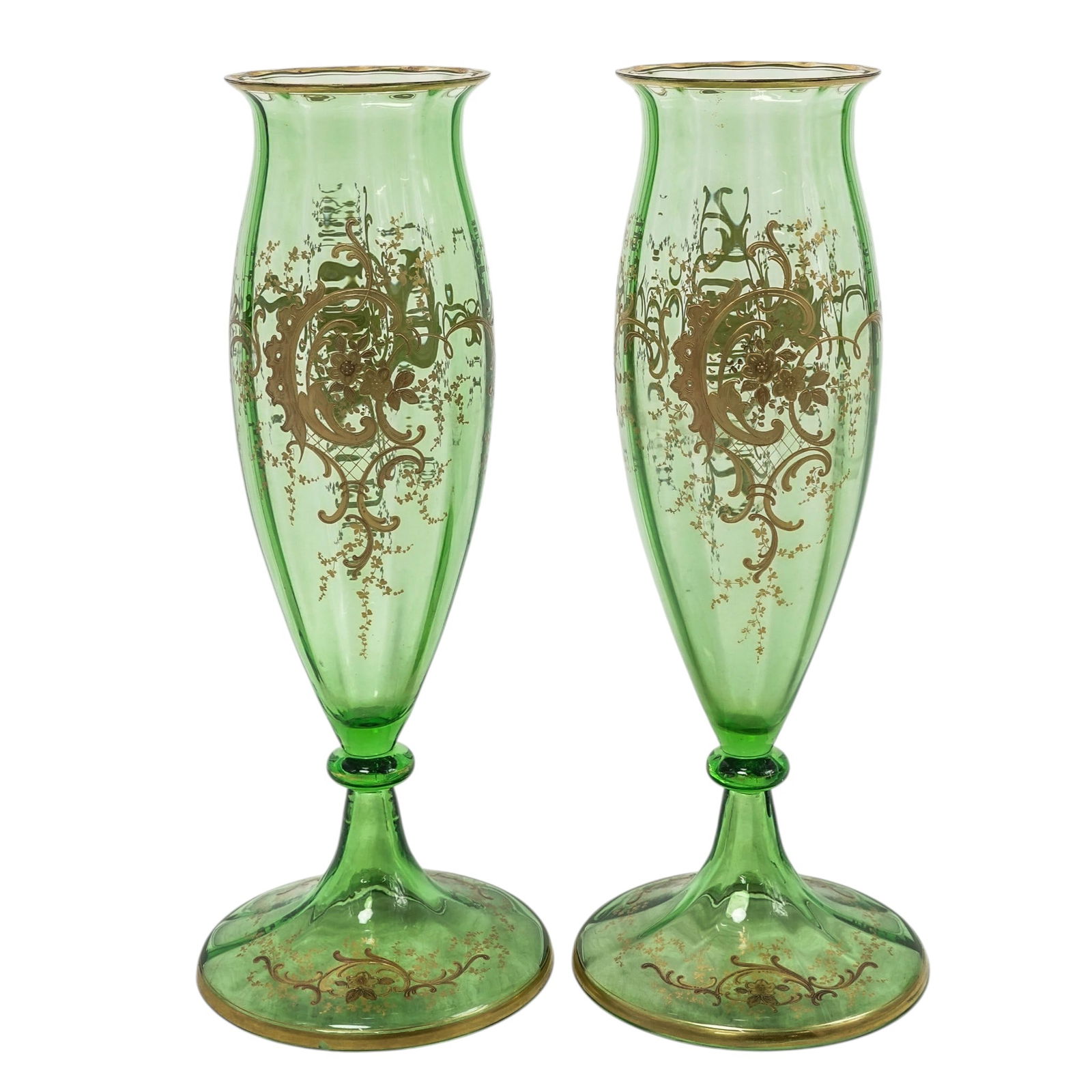 Pair Moser Bohemian Emerald Green Gilt Overlay Glass Vases (1 of 6)