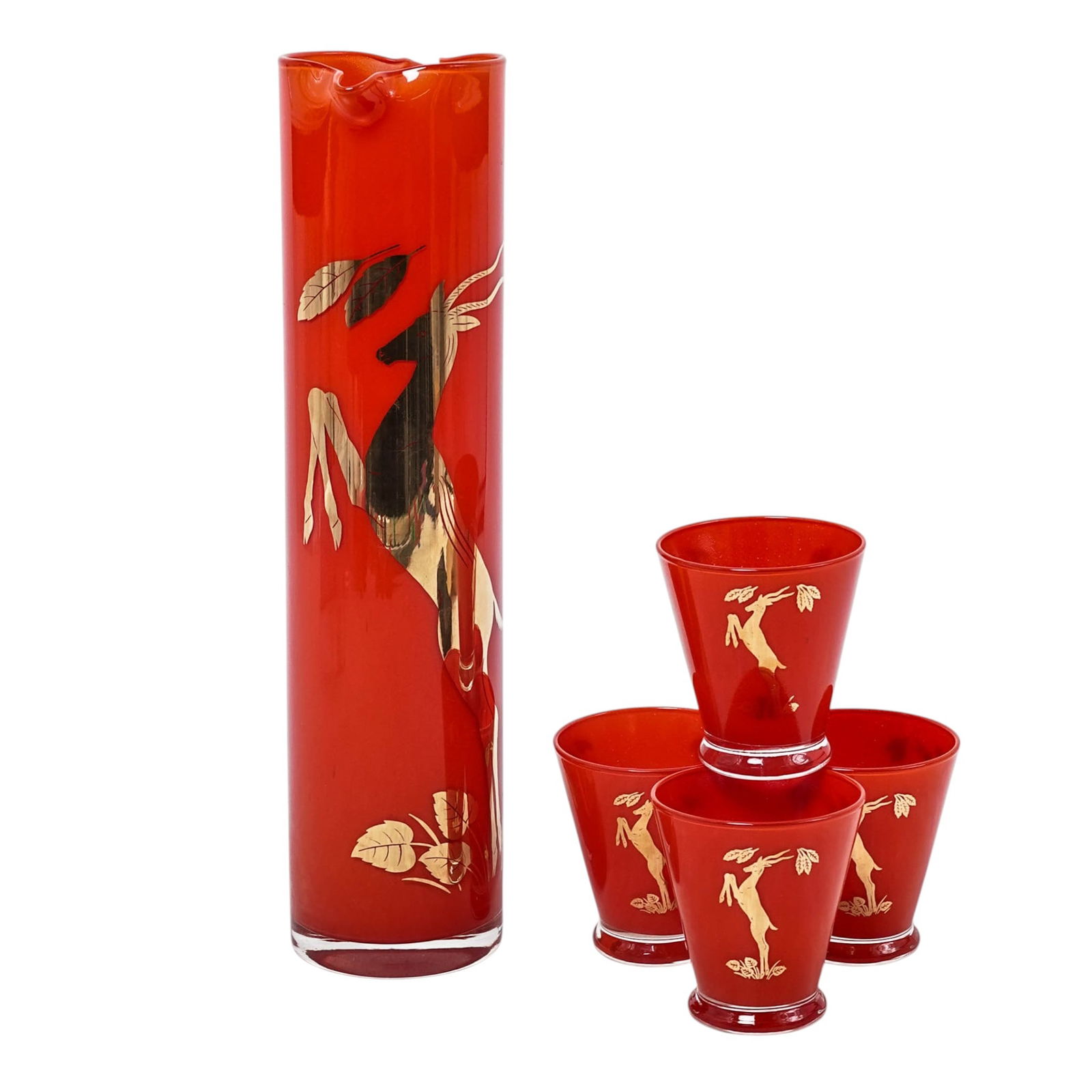 (5pc) Art Deco Hazel Atlas Gazelle Glass Set: (5pc) Art Deco Hazel Atlas Gazelle Glass Set1930. AmericanArt Deco Hazel Atlas Gazelle glass set featuring a ruby red glass and a distinctive fired-on gold gazelle motif. The set includes:(1) A tall,