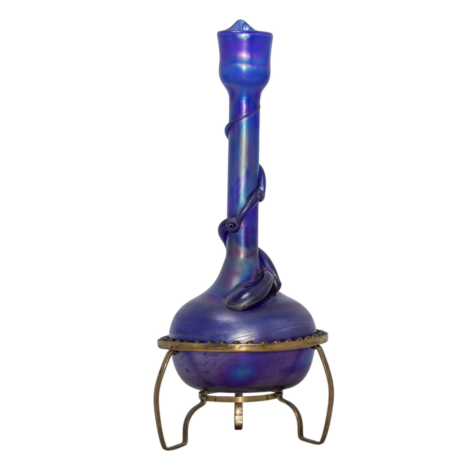 Austrian Loetz Iridescent Art Glass Vase: Austrian Loetz Iridescent Art Glass Vase20th century, AustrianLoetz Austrian iridescent cobalt blue art glass vase with footed bronze stand. Signed 'Loetz Austria'.H: 16" x W: 6 3/4" (with stand)