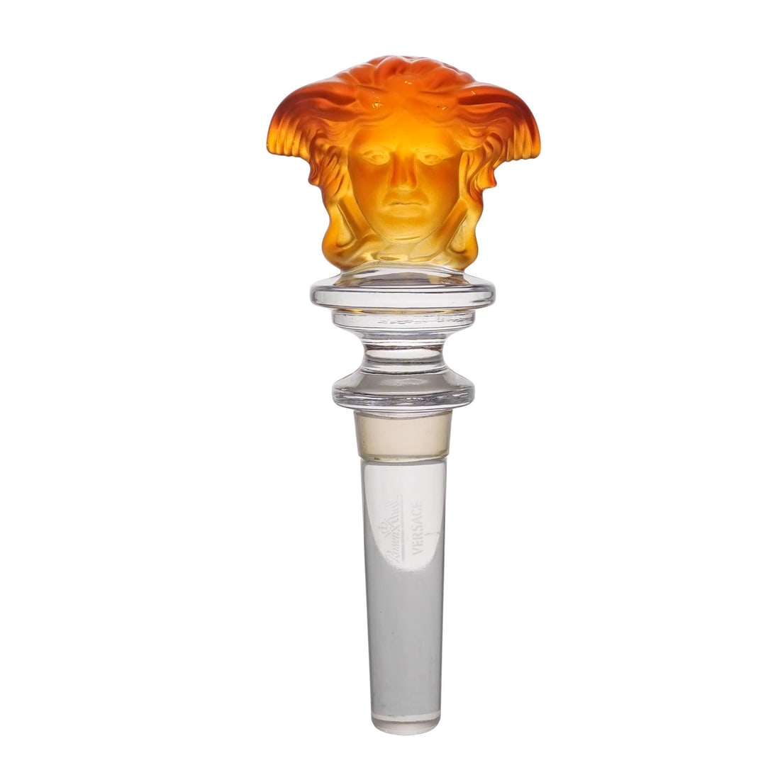 Versace x Rosenthal Medusa Amber Frosted Crystal Wine Bottle Stopper: Versace x Rosenthal Medusa Amber Frosted Crystal Wine Bottle Stopper20th century, GermanyVersace by Rosenthal Germany "Medusa" head amber red crystal frosted wine bottle stopper , Marked "Rosenthal",