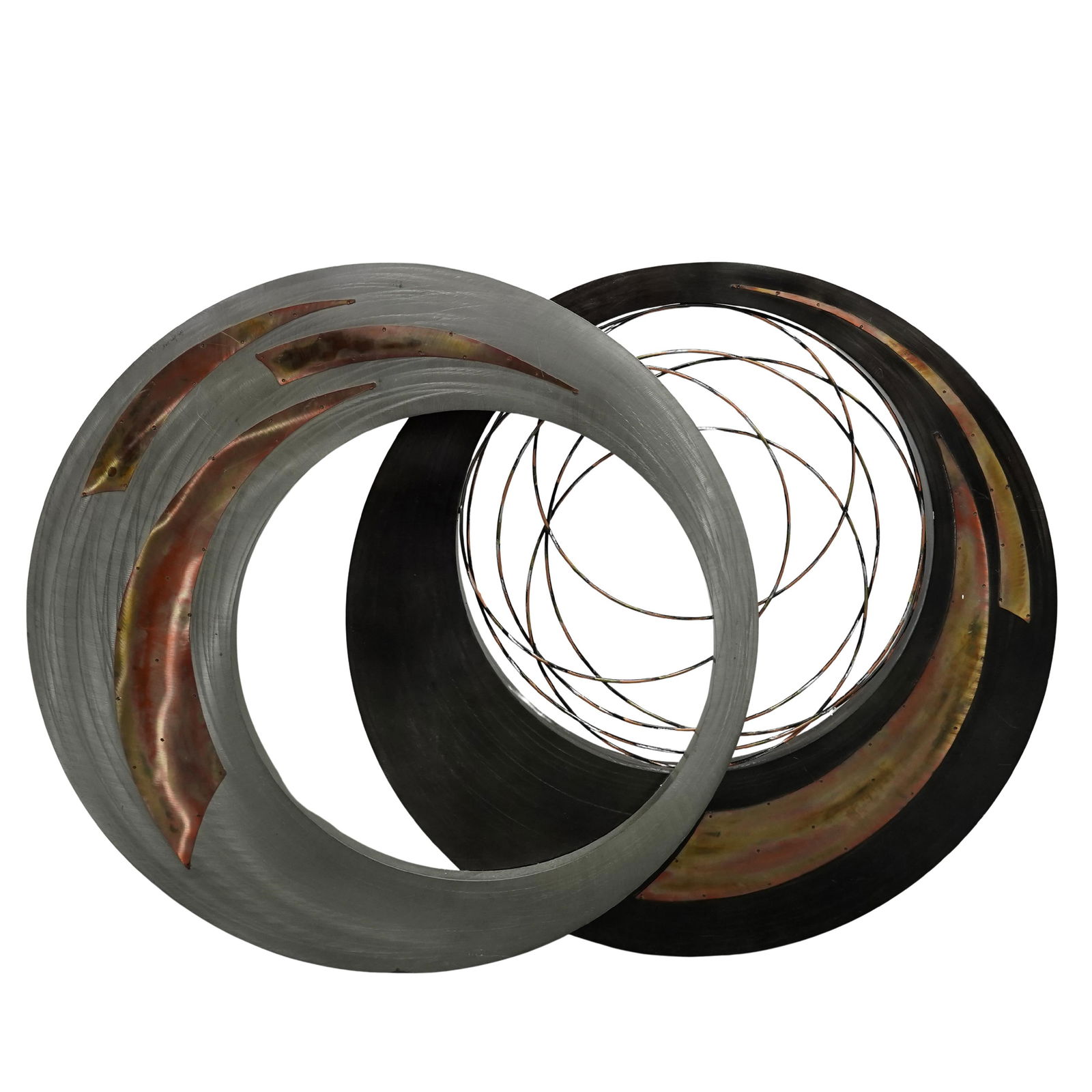 Curtis Jere Mixed Metal Abstract Wall Sculpture: Curtis Jere Mixed Metal Abstract Wall Sculpture2008, AmericanA large, double circle mixed metal abstract sculpture by Curtis Jere. Marked "Jere 2008".H 36.5" x L 50"