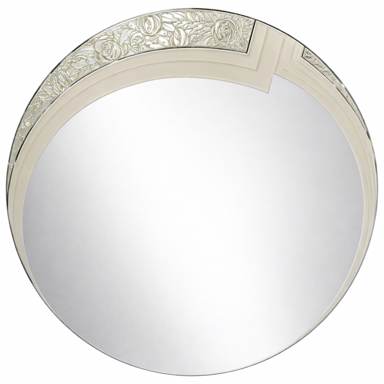 Art Deco Circular Wall Mirror with Crystal Sculptural Frame: Art DecoCircular Wall Mirror with Crystal Sculptural FrameArt Deco circular wall mirror featuring an elegant frame. The upper section is adorned with a sculptural relief of stylized roses and scrollin