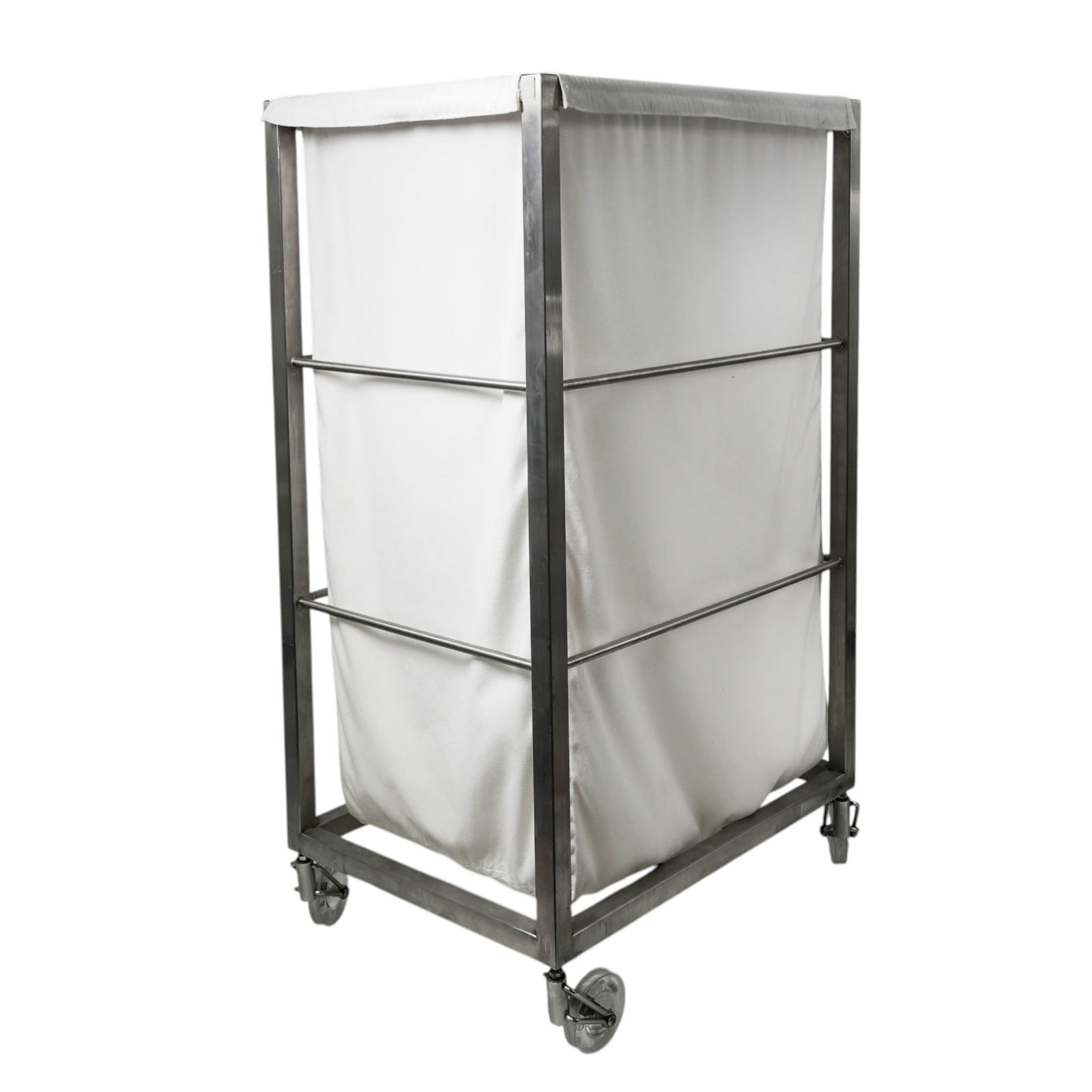 Stainless Steel Laundry Cart w/ Canvas Insert: Stainless Steel Laundry Cart w/ Canvas Insert 20th century A laundry cart in stainless steel with a white canvas insert and clear lucite wheels. H 37" x W 15.5" x 22"