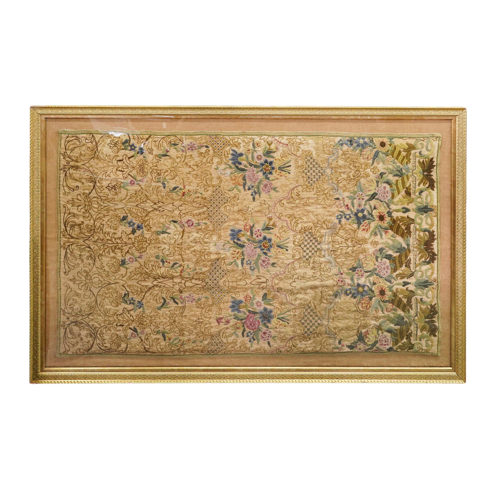 Antique French Palace Sized Silk Embroidery Panel: Antique French Palace Sized Embroidery Panel Late 18th-mid 19th century An antique framed textile, silk embroidery panel featuring intricate floral and scroll work designs. Gilt wood frame. Frame H