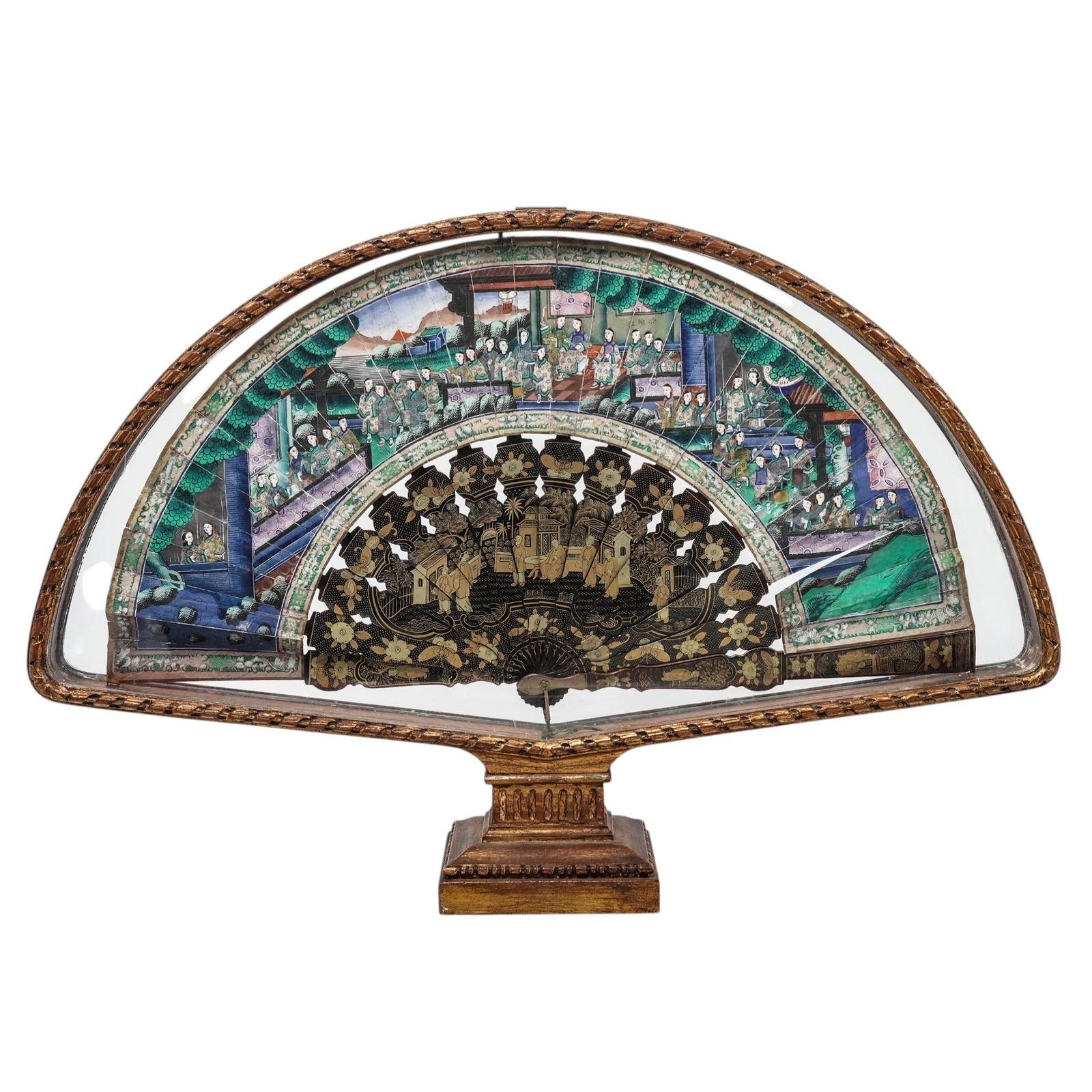 Qing Dynasty Chinese "Thousand Faces" Export Fan: Qing Dynasty Chinese "Thousand Faces" Export Fan19th century, Chinese"Thousand Faces" fan presented in a custom gilt wood shadowbox frame.This fan was crafted in Canton during the late Qing Dynasty sp