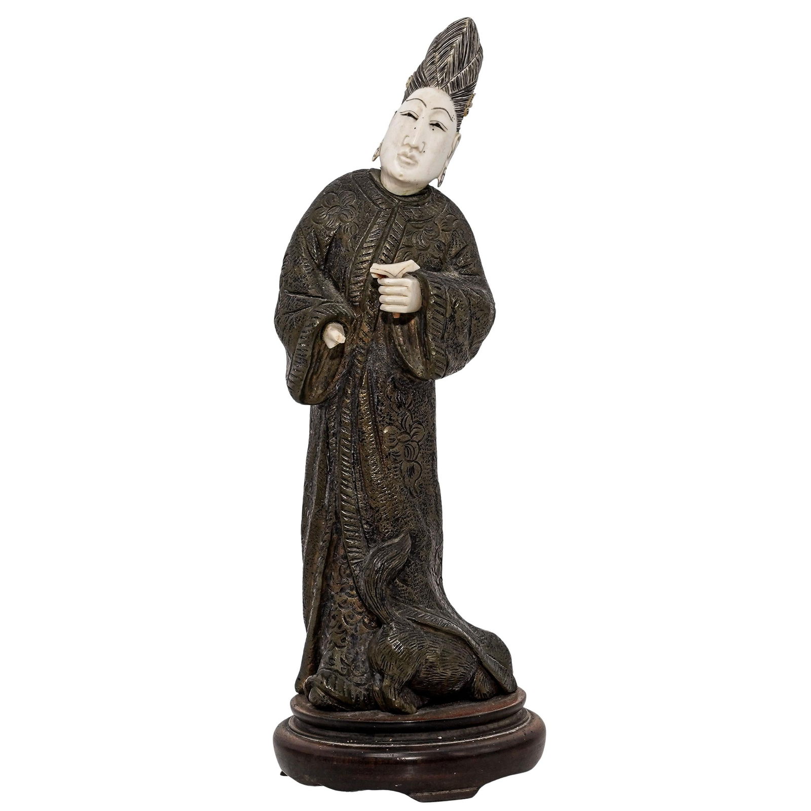 Antique Chinese Bronze & Carved Bone Sculpture: Antique Chinese Bronze & Carved Bone Sculpture Early 20th century, Chinese Antique Chinese cast bronze and hand-carved/painted bone statue depicting an elegant woman with a cat trying to hide in her