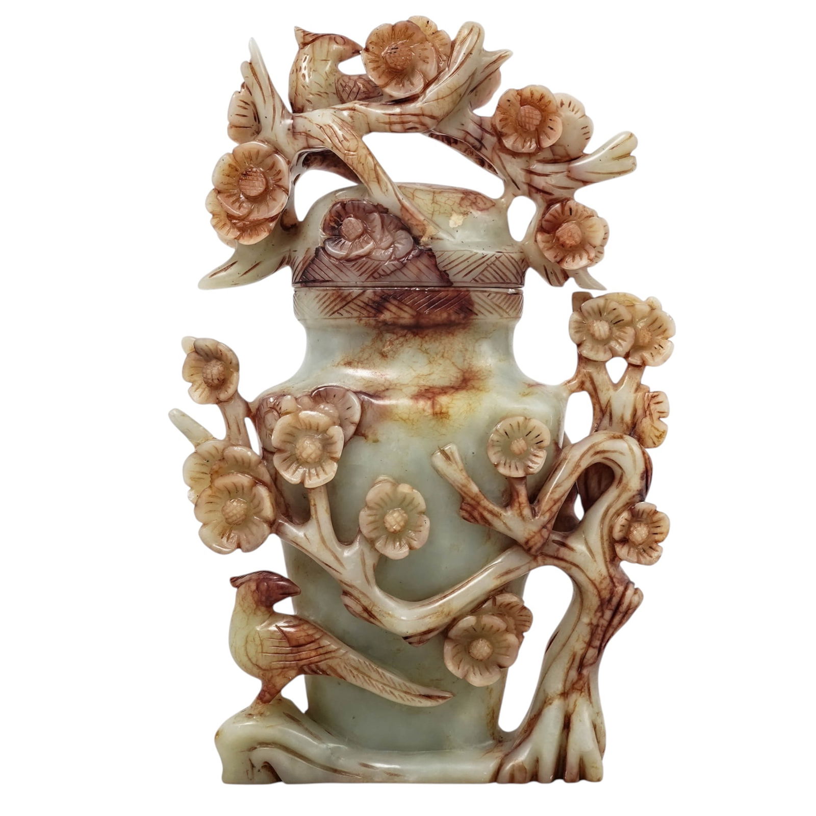 Antique Chinese Carved Soapstone Phoenix Urn: Antique Chinese Carved Soapstone Phoenix Urn Late 19th-Early 20th century, Chinese Antique Chinese hand-carved soapstone urn intricately decorated with phoenixes (fenghuang) among floral and foliate