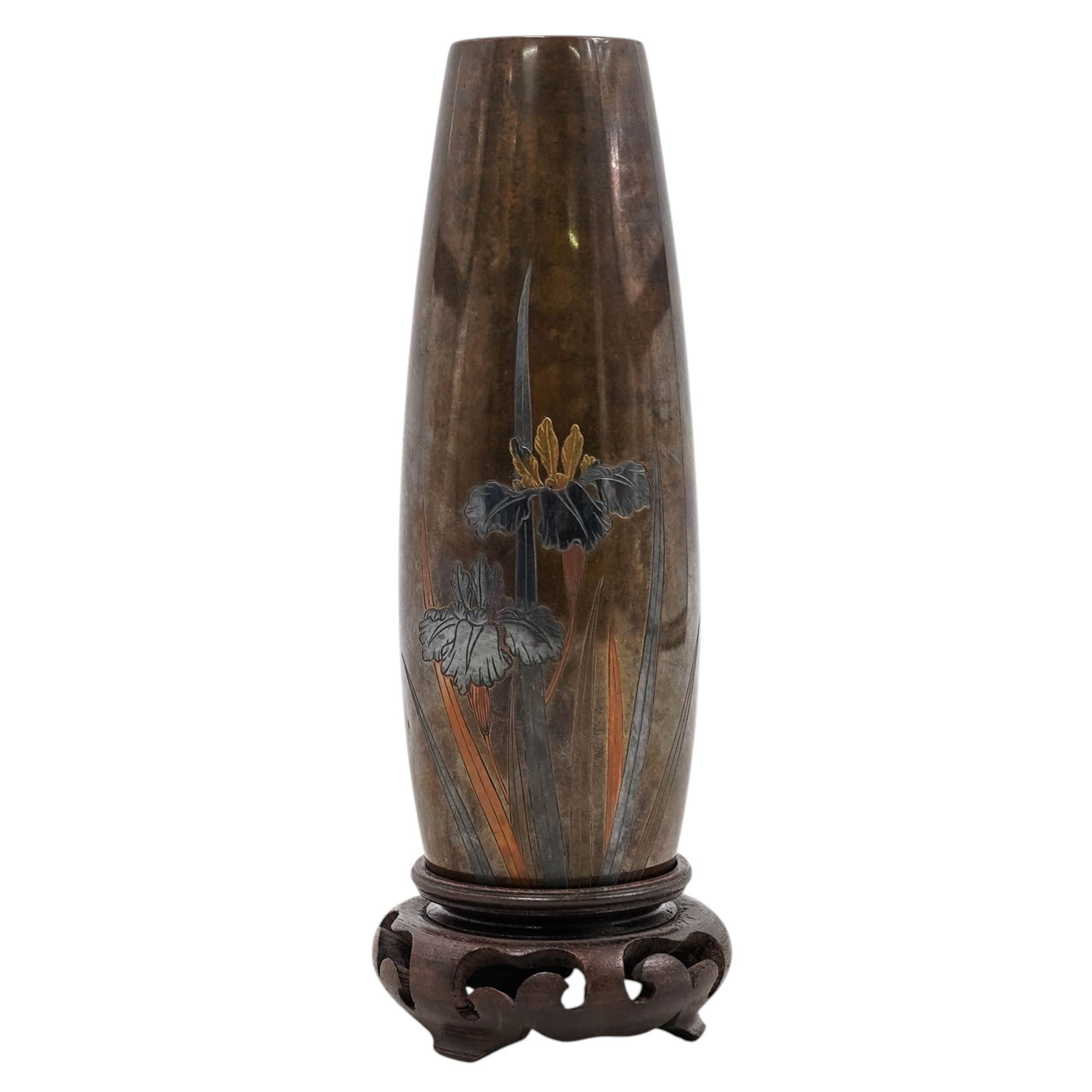 Nogawa Company Japanese Bronze Floral Vase: Nogawa Company Japanese Bronze Floral Vase Late 19th-Early 20th century, Japanese Japanese Meiji era bronze vase inlaid with a gold, copper, and shibuichi floral design. It is engraved with the