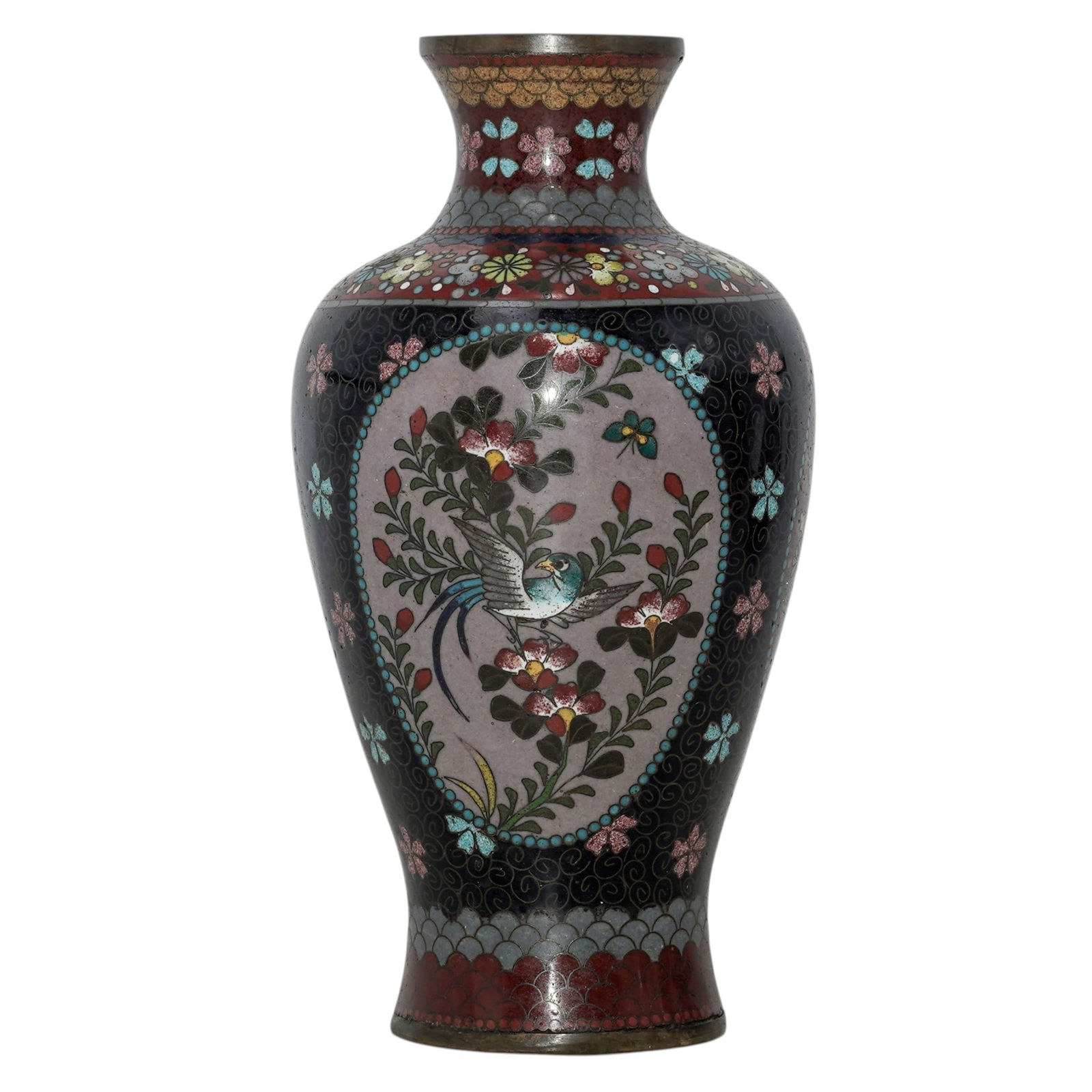 Antique Japanese Meiji Period Cloisonne Vase: Antique Japanese Meiji Period Cloisonne Vase Early 20th century, Japanese Antique Japanese Meiji Period cloisonne vase decorated with enamel motifs, depicting butterflies and long tailed bird motifs.