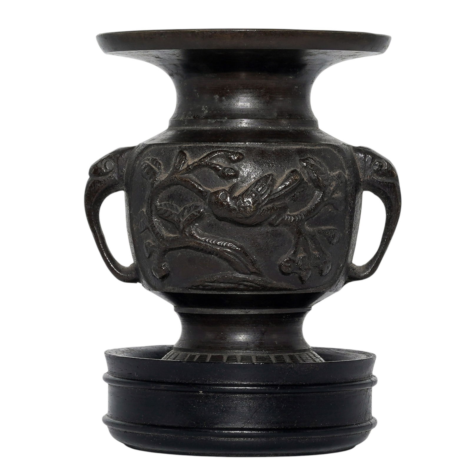 Japanese Bronze Relief Handled Vase: Japanese Bronze Relief Handled Vase 20th century, Japanese Japanese bronze mixed metal vase decorated with sculptural relief of birds on blossoming branches and lateral handles. This vase consists of