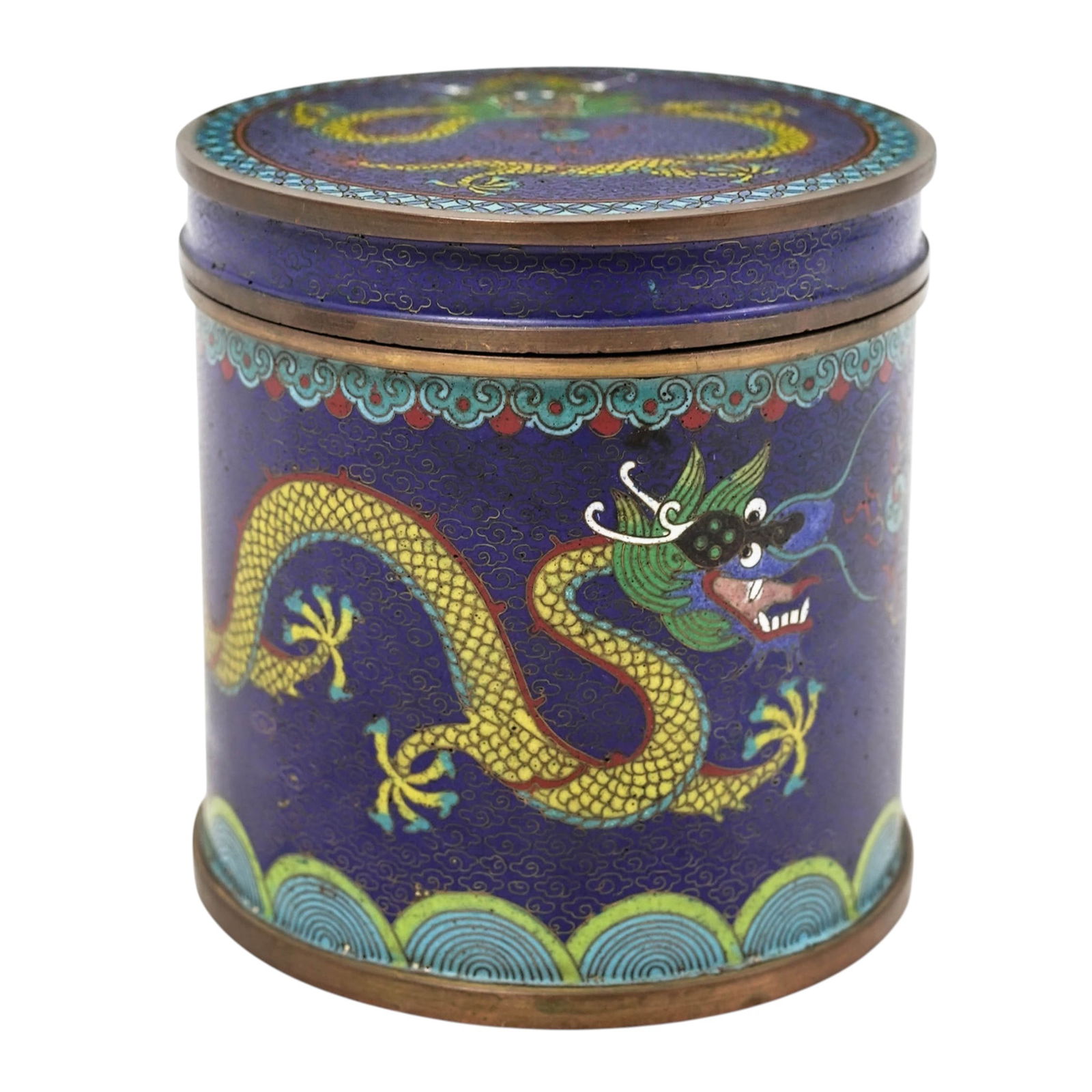 Antique Chinese Republic Cloisonné Enamel Box: Antique Chinese Republic Cloisonné Enamel Box Early 20th Cent., Chinese Antique Chinese Republic period cloisonné enamel box featuring a striking dragon motif, on a vibrant blue ground. The