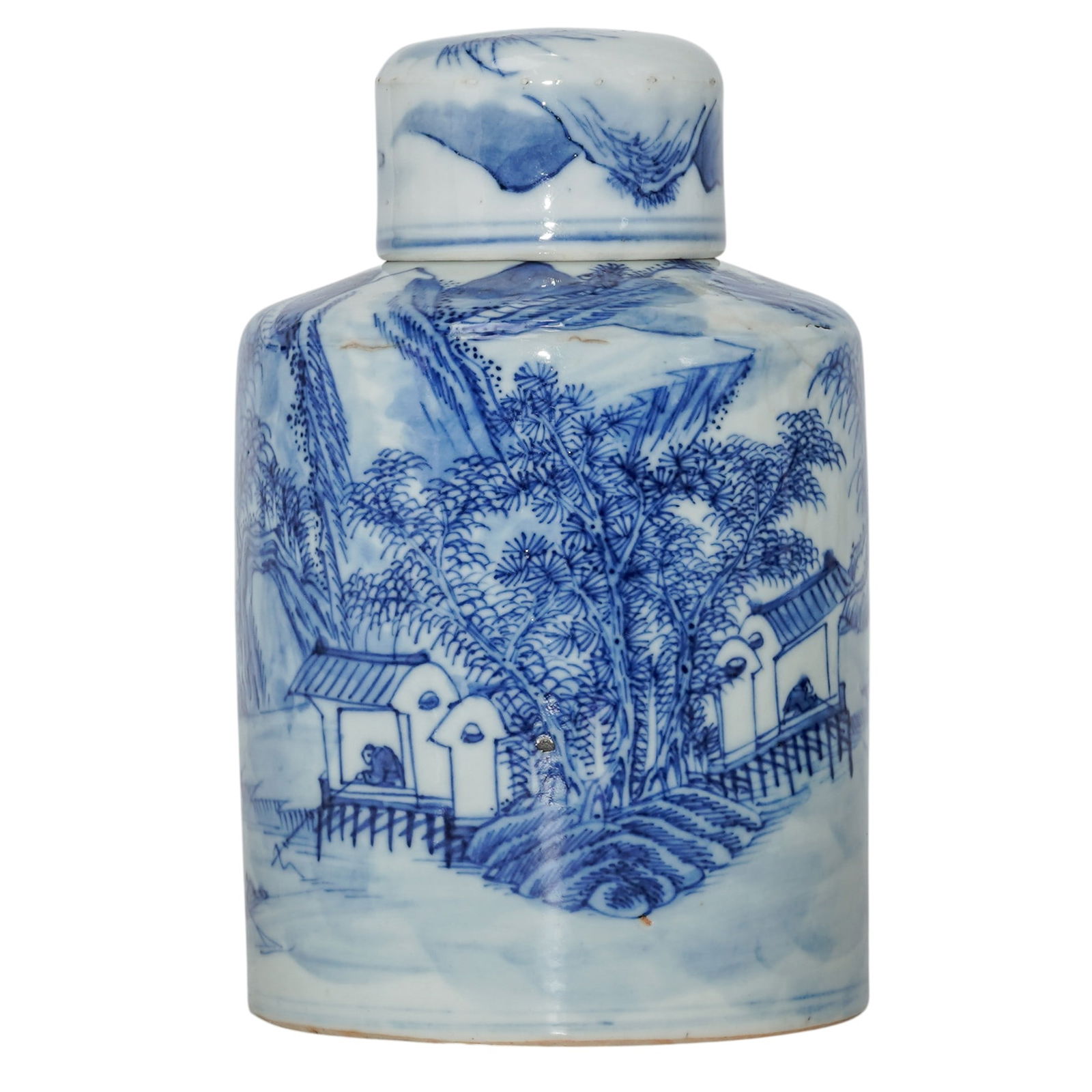 Antique Chinese Blue & White Porcelain Tea Caddy Jar: Antique Chinese Blue & White Porcelain Tea Caddy JarEarly 20th century, ChineseChinese blue & white porcelain tea caddy jar decorated with a cobalt blue hued hand painted mountain landscape scene. Mar