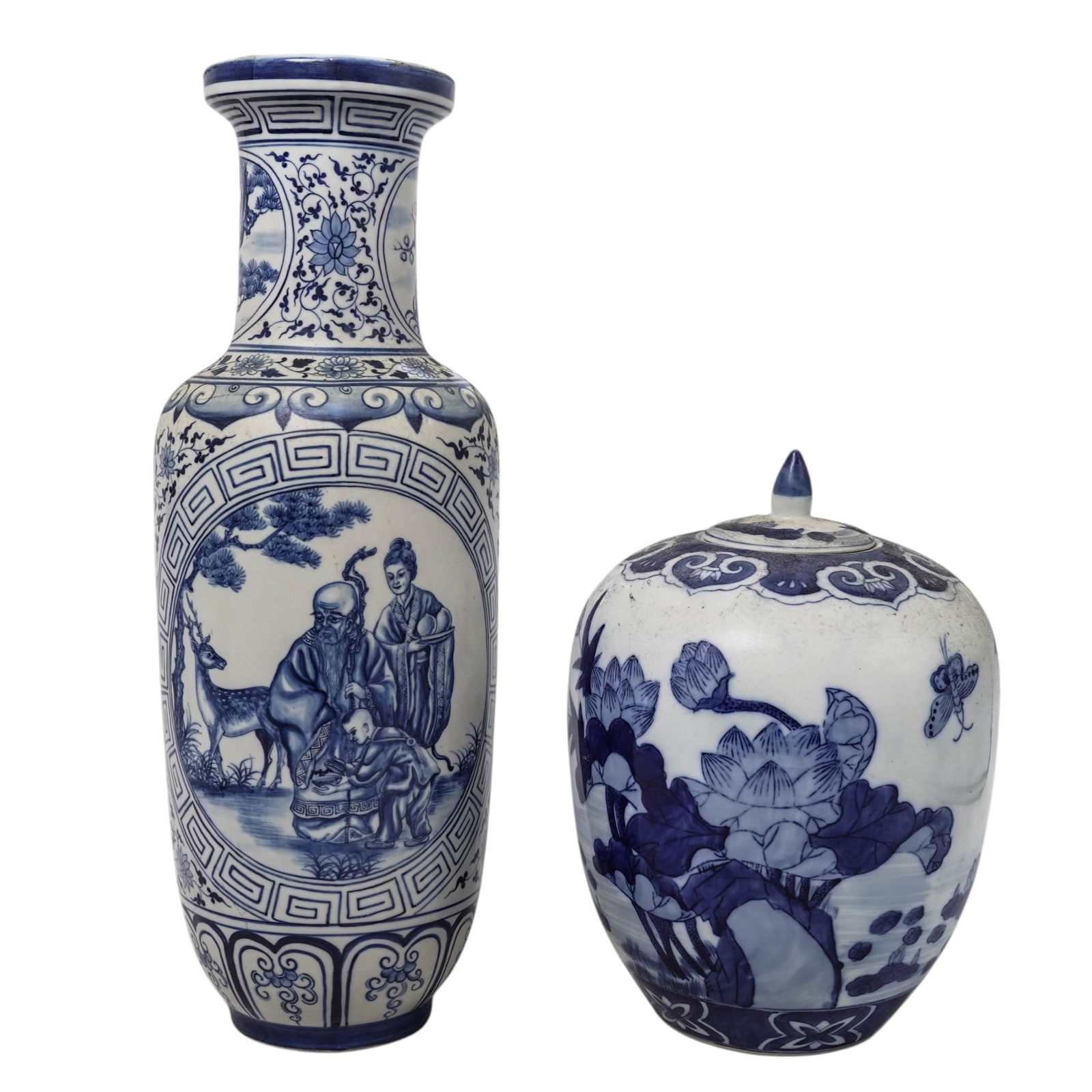 (2 Pc) Chinese Blue & White Porcelain Ginger Jar & Vase: (2 Pc) Chinese Blue & White Porcelain Ginger Jar & Vase20th century, ChineseChinese blue and white porcelain ginger jar and vase, decorated with cobalt blue painted decorations. The set includes:(1) C