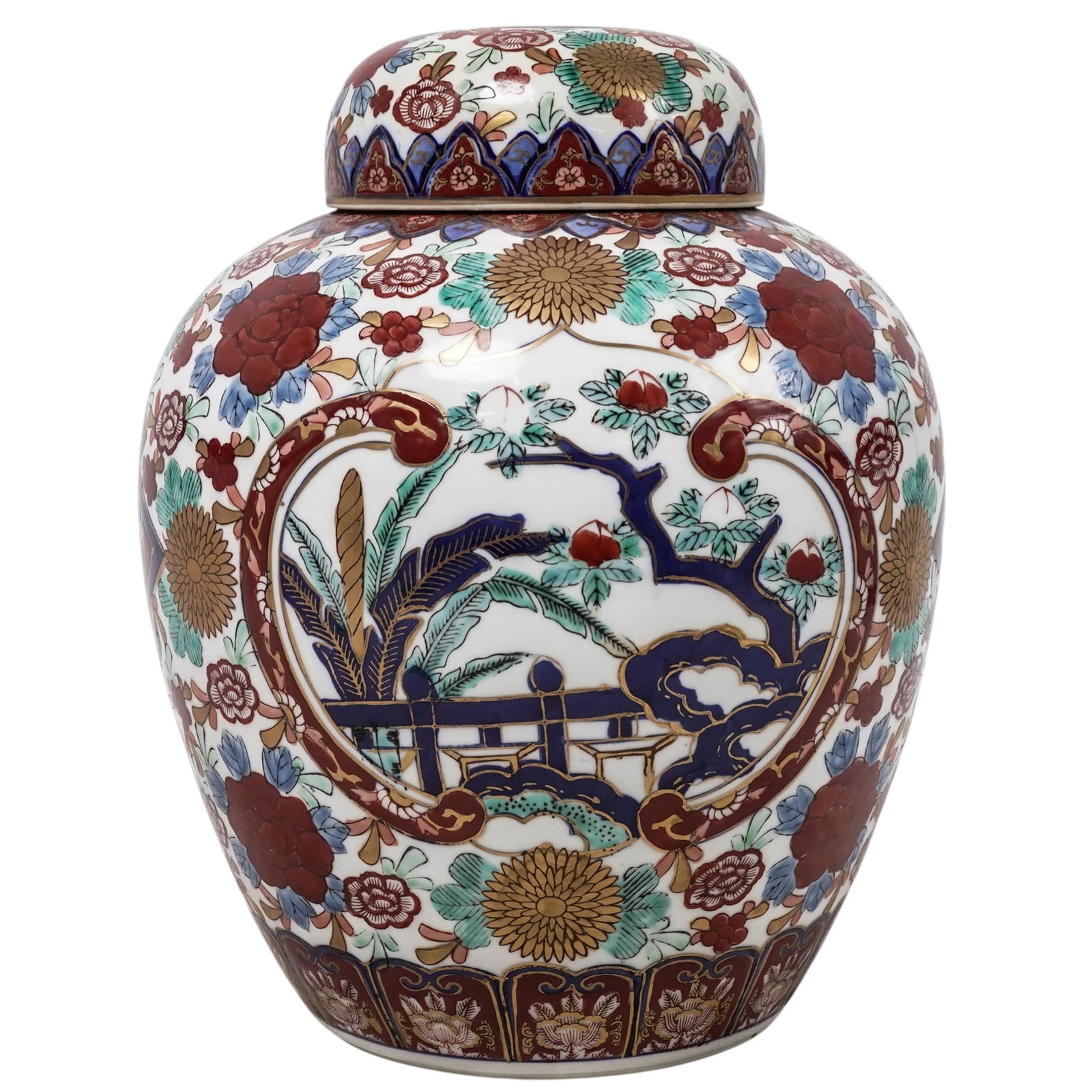 Japanese Imari Porcelain Ginger Jar w/ Lid: Japanese Imari Porcelain Ginger Jar w/ Lid20th century, JapaneseThe jar is decorated in the traditional Imari. It features a vibrant polychrome palette of iron red and cobalt blue on a white porcelain