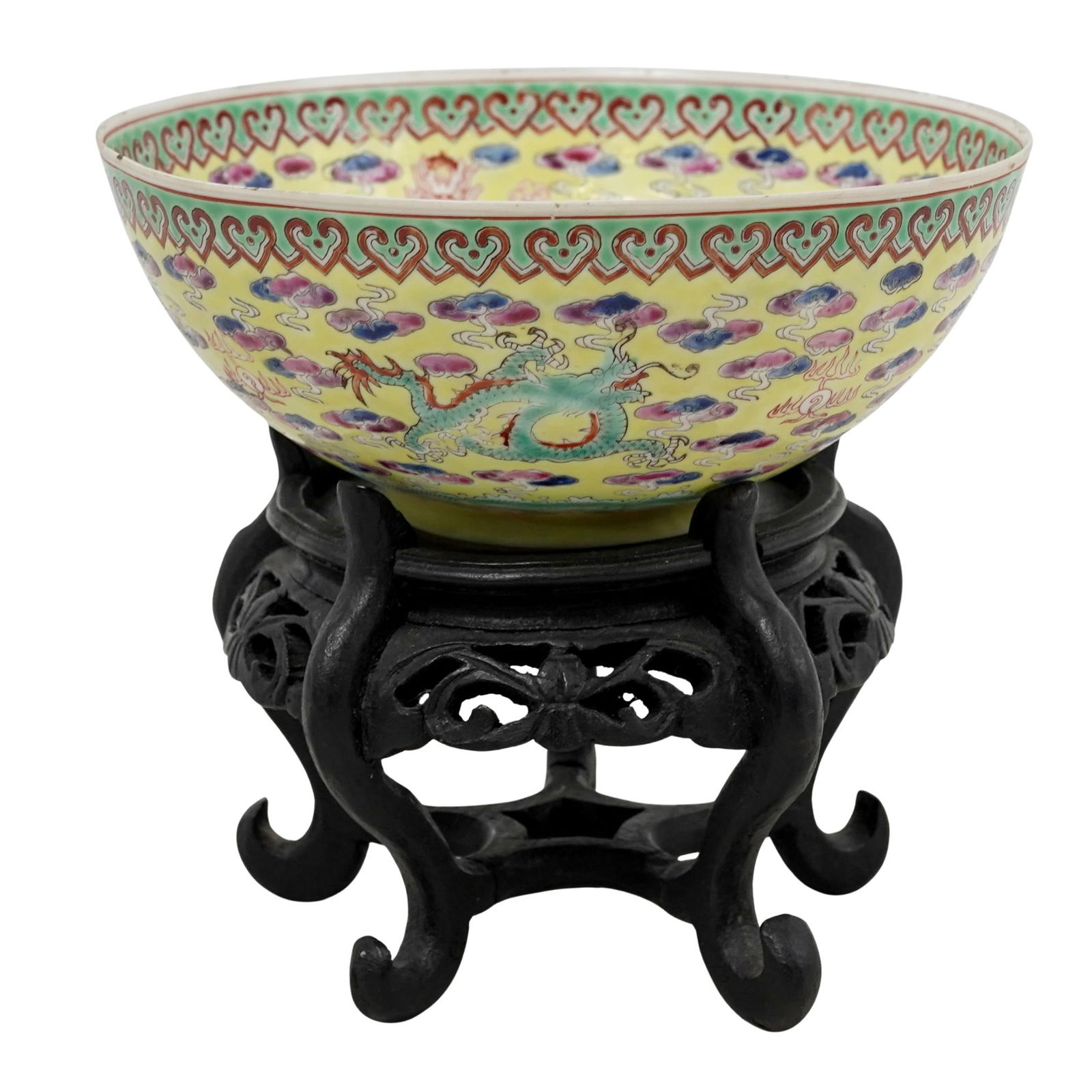 Chinese Yellow Eggshell Porcelain Famille Rose Dragon Bowl: Chinese Yellow Eggshell Porcelain Famille Rose Dragon BowlLate 19th to Early 20th Cent., ChineseThe eggshell porcelain dragon bowl features hand painted dragons on a yellow ground. It rests on a carve