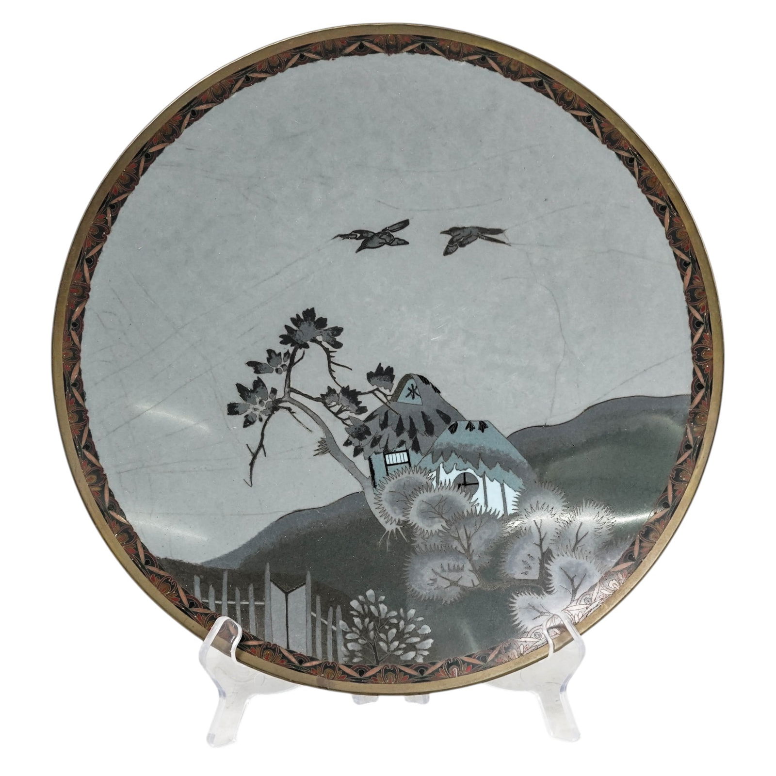 Japanese Meji Period Shippo Cloisonne Landscape Charger: Japanese Meji Period Shippo Cloisonne Landscape ChargerLate 19th-early 20th Cent., JapaneseAntique Japanese Meiji-period shippo cloisonné enamel plate, a fine example of traditional shippo (enamelwar
