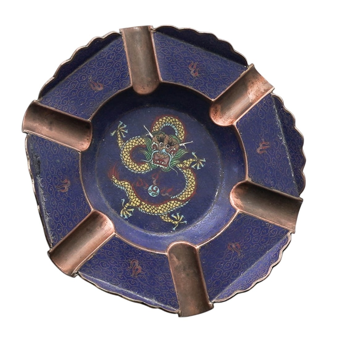 (3pc) Chinese Republic Dragon & Floral Cloisonne Astrays: (3pc) Chinese Republic Dragon & Floral Cloisonne AstraysEarly to mid 20th Cent., ChineseThis three-piece set of vintage Chinese Republic-era cloisonne enamel ashtrays is a fine example of traditional
