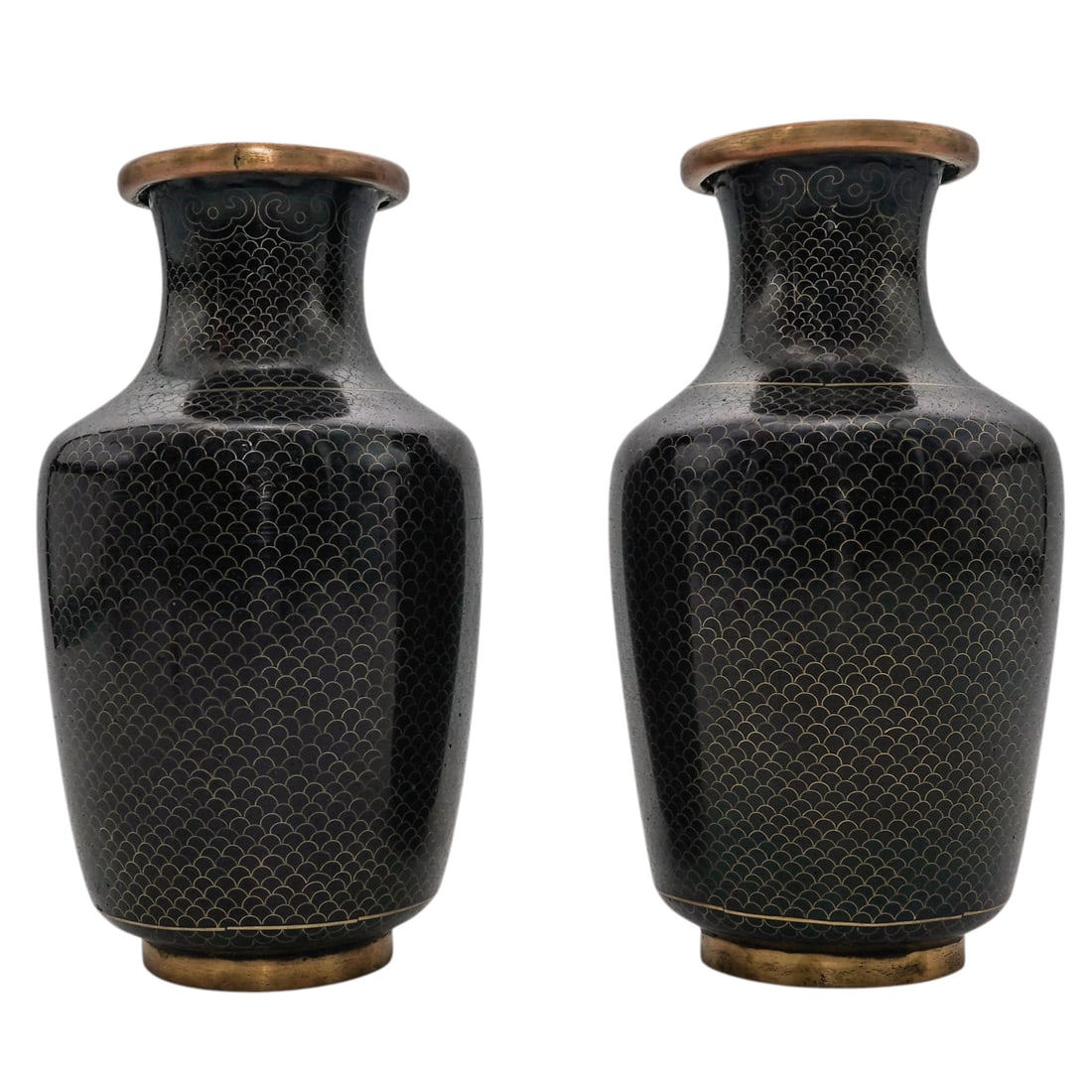 (4pc) Chinese Republic Cloisonne Smoking Set & Vases: (4pc) Chinese Republic Cloisonne Smoking Set & VasesMid 20th Cent., ChinaThe set features a pair of vases decorated in a meticulous, gold-wire 'fish-scale' (cloud) pattern against a deep black backgro