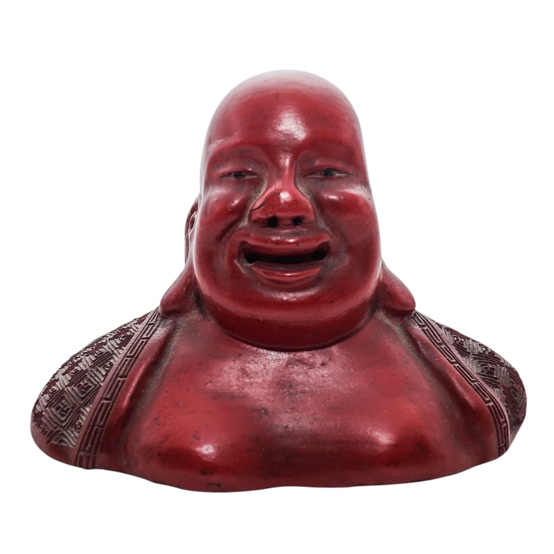 Vintage Chinese Red Resin Budai: Vintage Chinese Red Resin BudaiMid 20th Cent., ChineseVintage red resin faux-cinnabar lacquerware figurine depicting Budai (the Laughing Buddha), symbolizing happiness, contentment, and abundance.H: 3