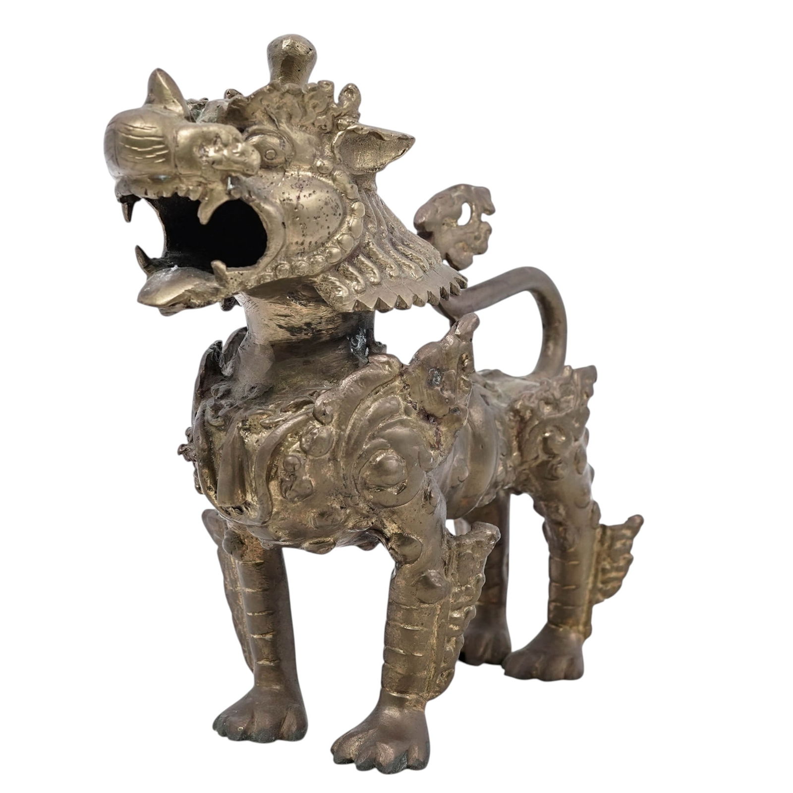 Vintage Bronze Thai "Singha" Guardian Foo Dog Lion: Vintage Bronze Thai "Singha" Guardian Foo Dog Lioncirca 1970s, ThaiVintage bronze Thai "Singha" guardian lion foo dog with textured details. Singha, also known as Singh in Thai mythology, is a mythica