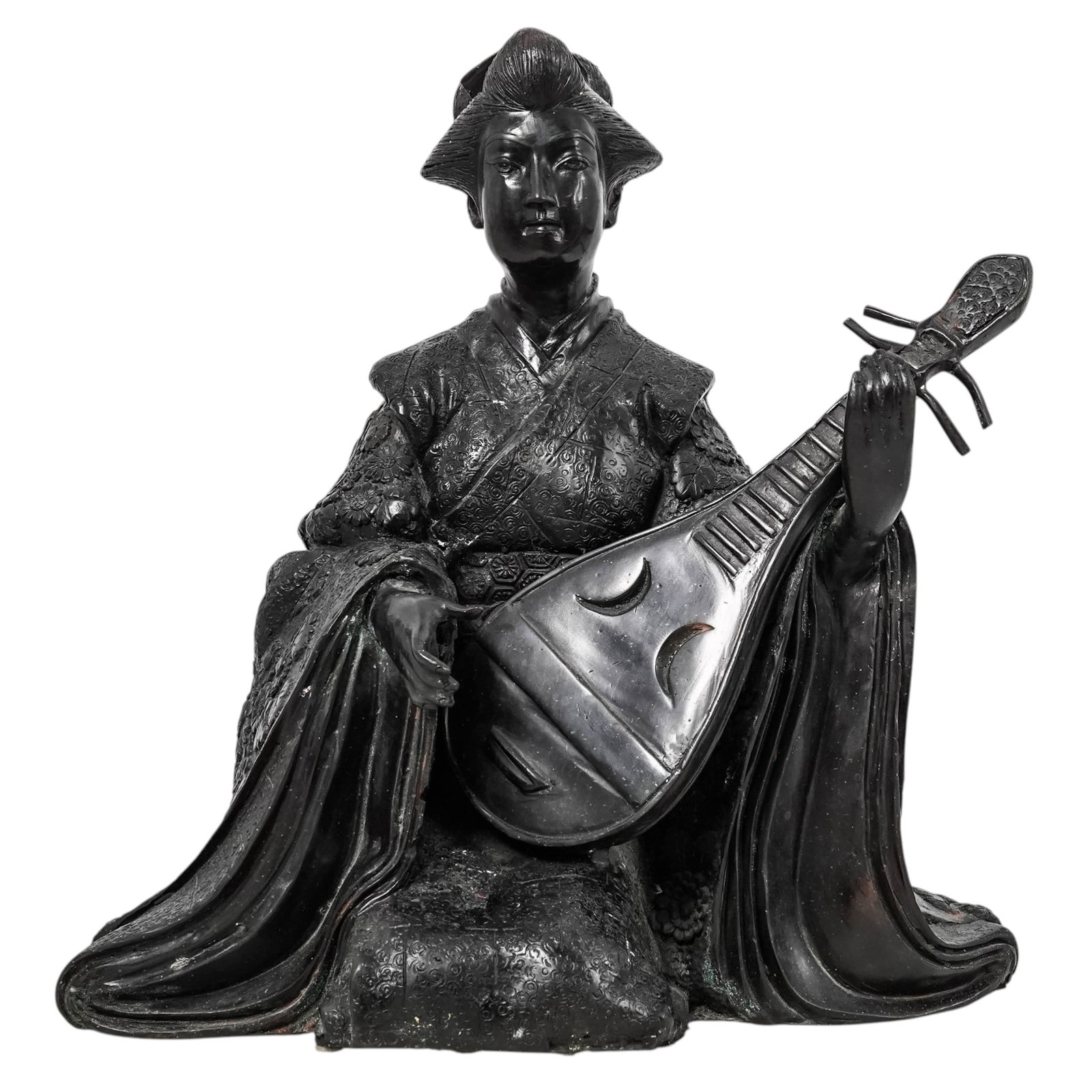 Japanese Bronze Musician Sculpture: Japanese Bronze Musician Sculpture20th century, JapaneseA Japanese cast bronze sculpture of a Geisha playing a pipa.H 17" x L 14" x W 13.5"