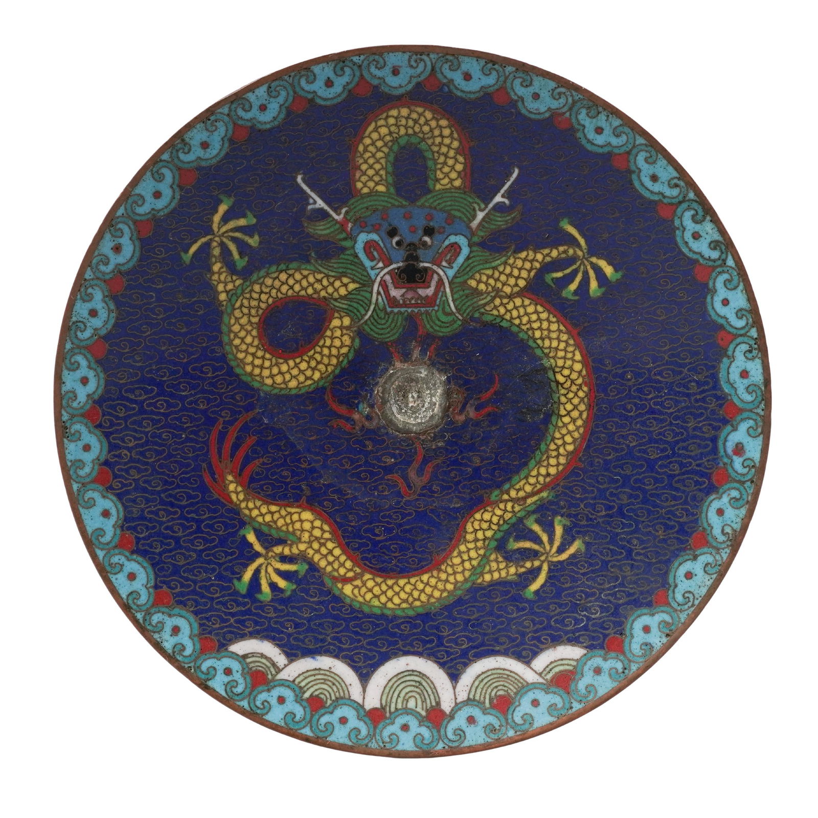 Qing Dynasty Lao Tian Li Cloisonne "Tianlong" Dragon Plate: Qing Dynasty Lao Tian Li Cloisonne "Tianlong" Dragon PlateLate 19th-early 20th century, ChineseA late Qing Dynasty copper cloisonne plate by the prestigious Lao Tian Li workshop in Beijing. This plate