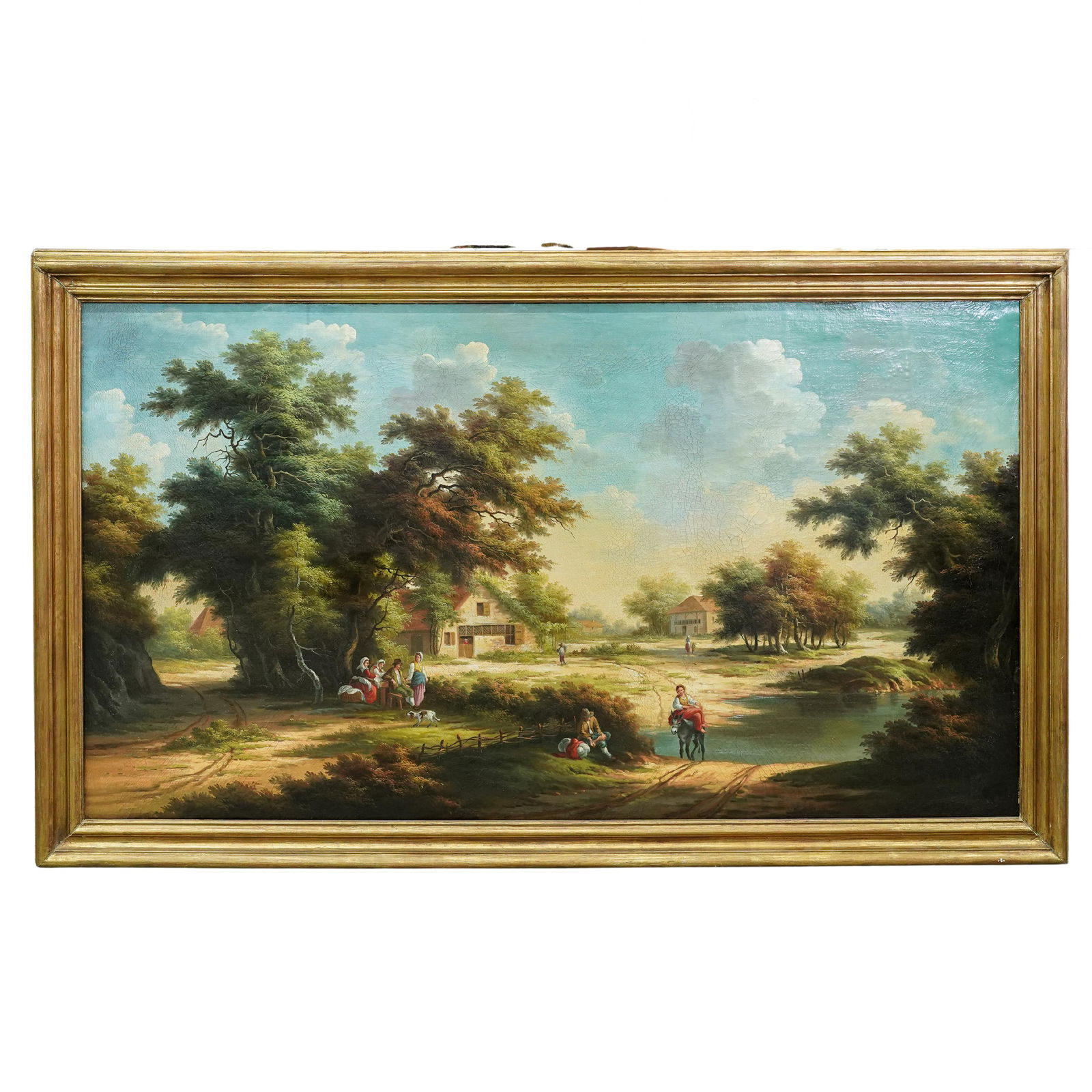 19th Century Spanish Pastoral Oil on Canvas: 19th Century Spanish Pastoral Oil on CanvasMid to late 19th century, SpanishA 19th century European-style oil on canvas painting featuring a rural pastoral scene, in Spain, with villagers, farmers, "b