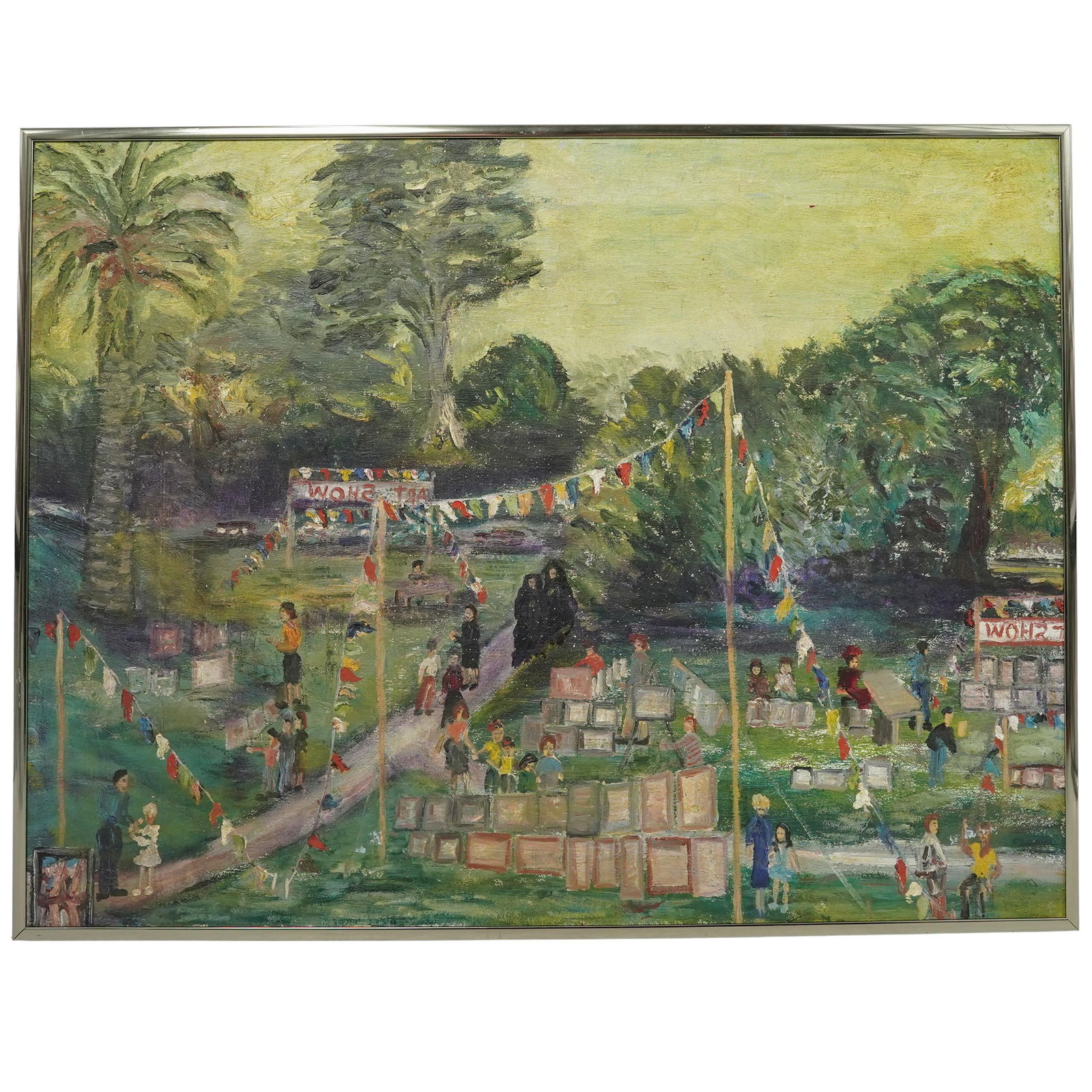 Impressionistic Landscape Painting Oil on Canvas: Impressionistic Landscape Painting Oil on Canvas20th century, European.Oil on canvas painting featuring a vibrant outdoor scene, a park setting with flags and figures.W. 24.5" x H.18.5"