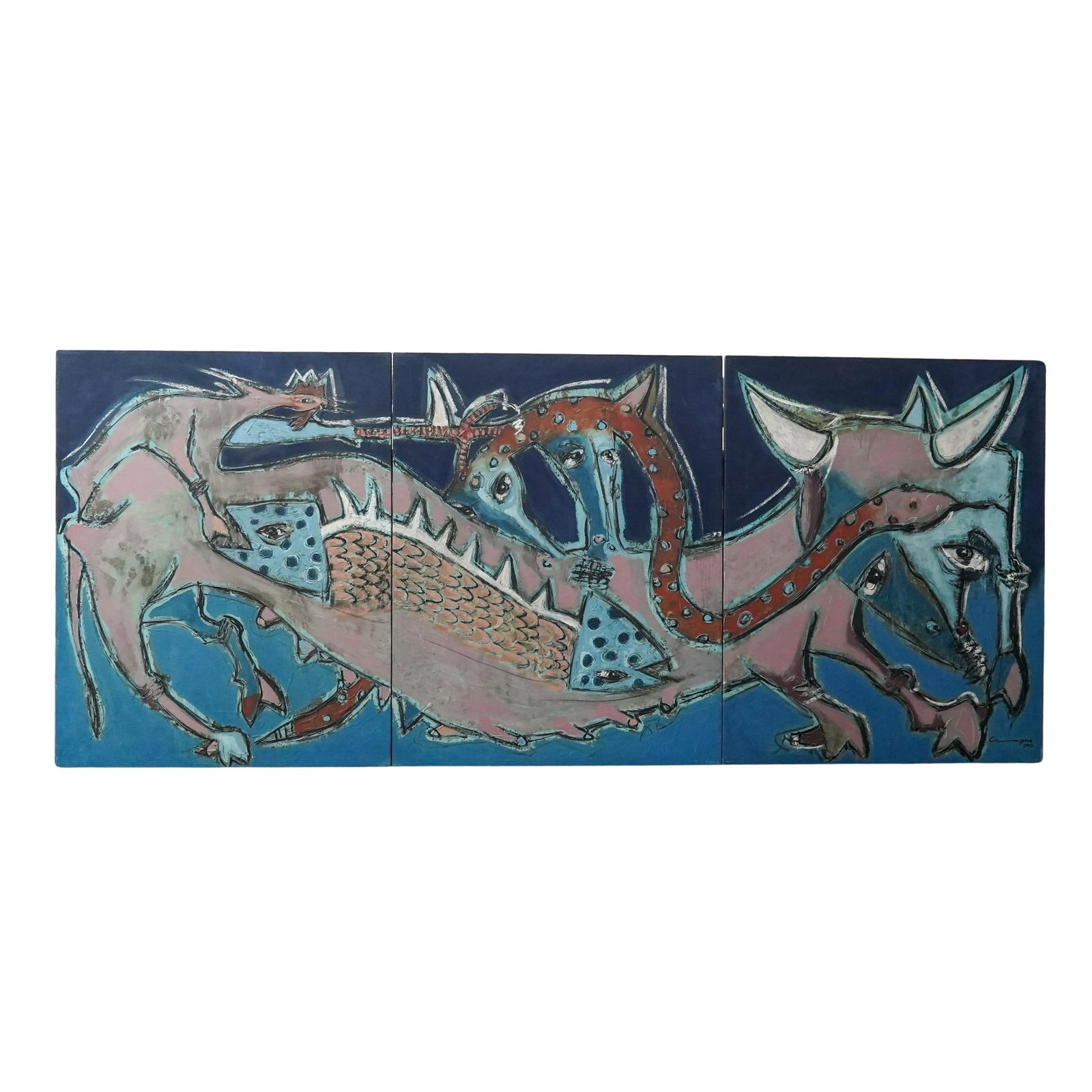 Signed Triptych Oil On Canvas Painting: Signed Triptych Oil On Canvas Painting2012The painting exhibits a modernist and figurative style, incorporating elements of Abstract Expressionism and Art Brut. The artist utilized thick, textured lay