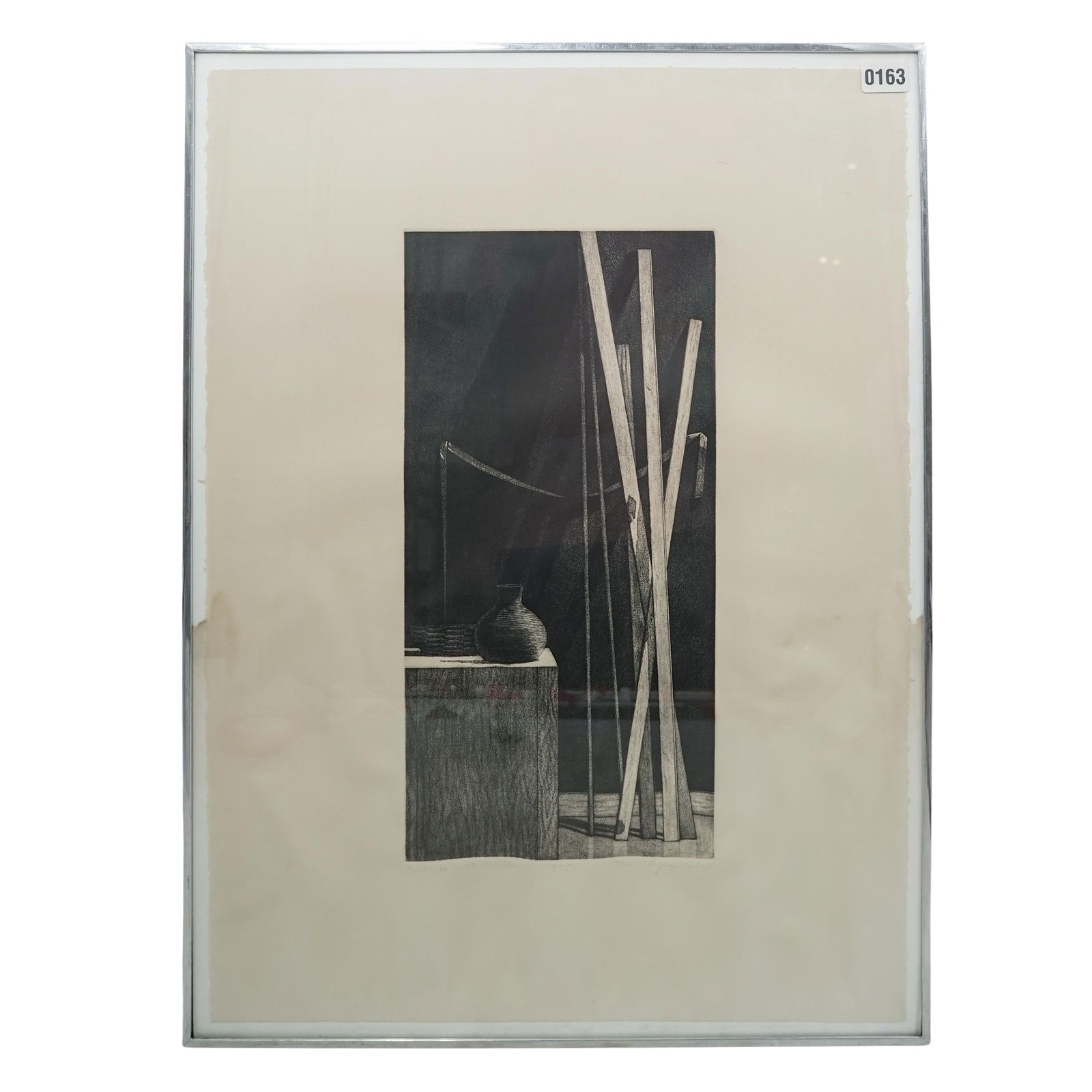 Stephen Neil Lorber (American, B. 1943) "Still Life with Lumber" Aquatint: Stephen Neil Lorber (American, B. 1943) "Still Life with Lumber" Aquatint1975. AmericanThe piece depicts vertical pieces of lumber against a wall, with woven baskets placed beside them. The work is ha