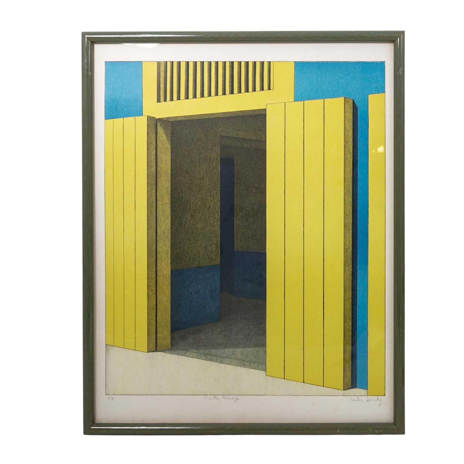 Emilio Sanchez (Cuban-American 1921-1999) Geometric Lithograph: Emilio Sanchez (Cuban-American 1921-1999) Geometric Lithograph20th century, CubanGeometric modernist piece by Cuban-American artist Emilio Sanchez, renowned for his flat, vividly colored architectural