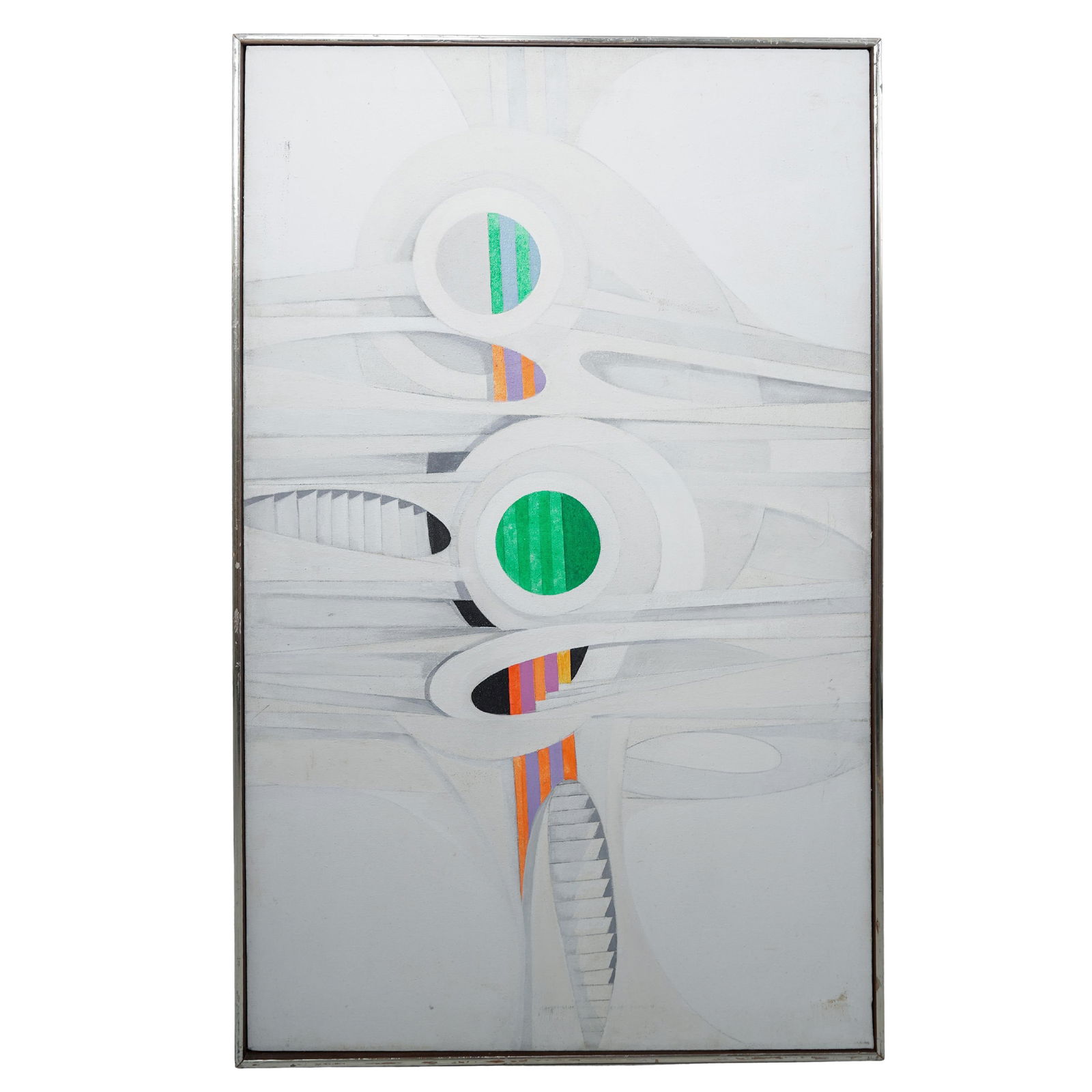 Po-Yong Taiwanese Geometric Abstraction Oil on Canvas: Po-Yong Taiwanese Geometric Abstraction Oil on Canvas1967-1968, TaiwanesePo-Young a Taiwanese artist whose works fits into the mid century modern and Geometric Abstraction movements. Signed and dated