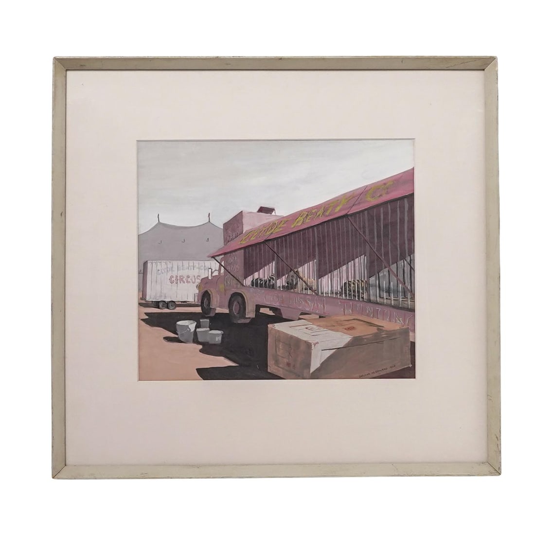 Sheldon W. Odland Gouache Circus Painting: Sheldon W. Odland Gouache Circus Painting1960, AmericanGouache on paper painting depicting a Clyde Beatty Cole Bros. Circus specialized animal transport truck or cage wagon with big cats inside. It is