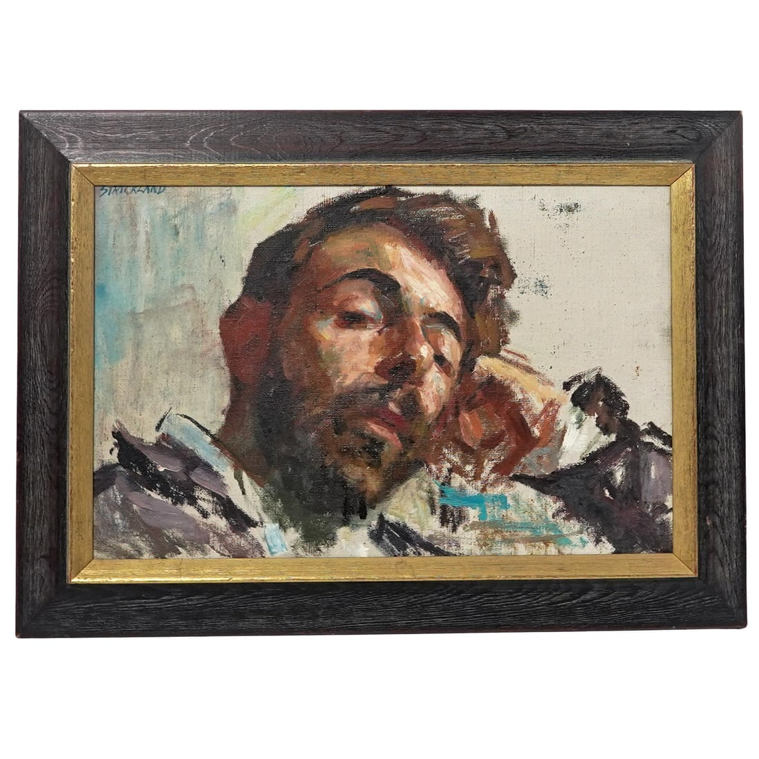 Thomas Strickland (American, 1932-1999) Oil Painting: Thomas Strickland (American, 1932-1999) Oil Painting1959, AmericanOil on board self-portrait signed in the upper left corner. It is also inscribed by the artist, “STRICKLAND 1959 SELF PORTRAIT,&rdqu