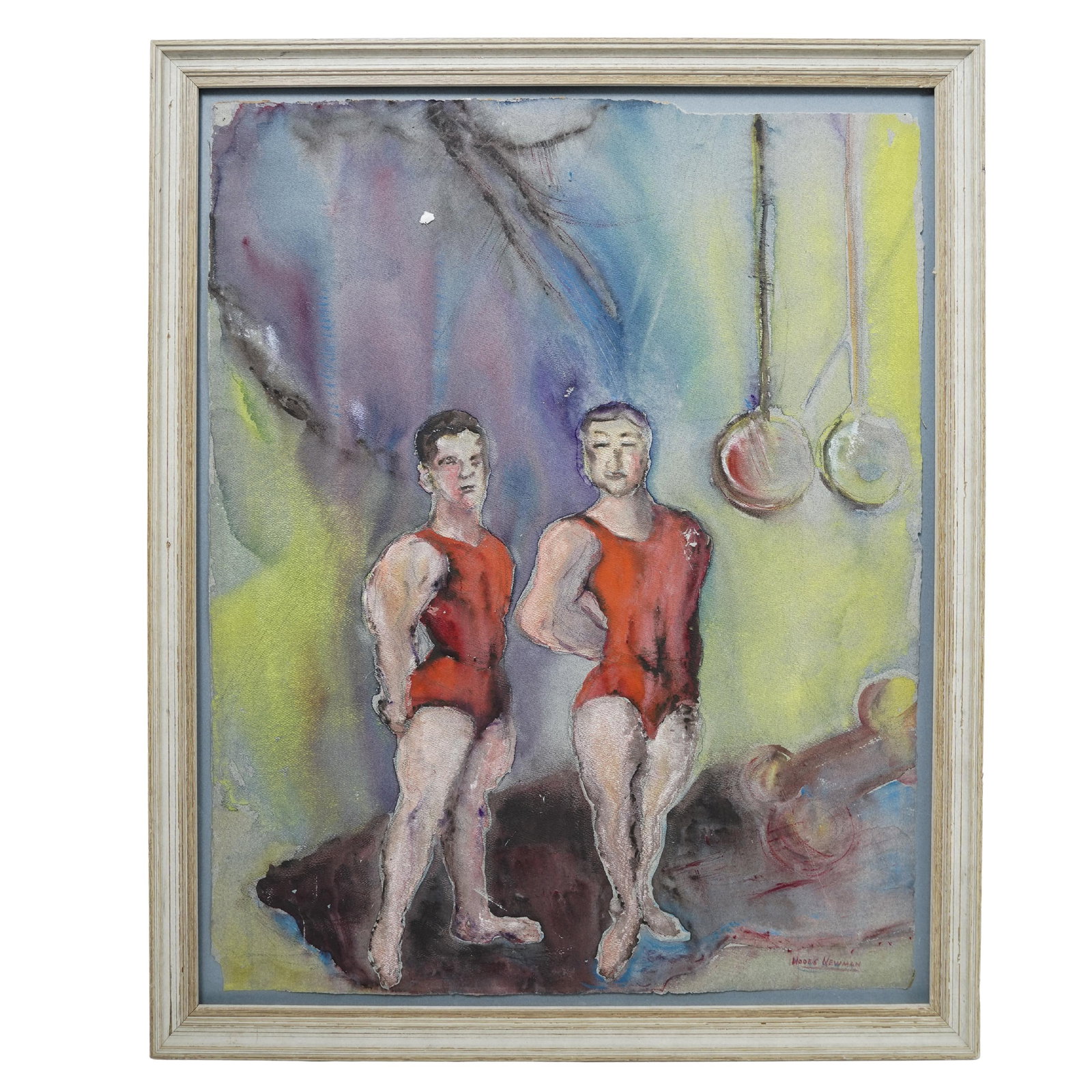 Signed Watercolor On Paper Acrobats Painting: Signed Watercolor On Paper Acrobats Painting20th Cent.This watercolor on paper features a mid-century study of two gymnasts in vibrant red leotards posed before hanging gymnastic rings. The work utili