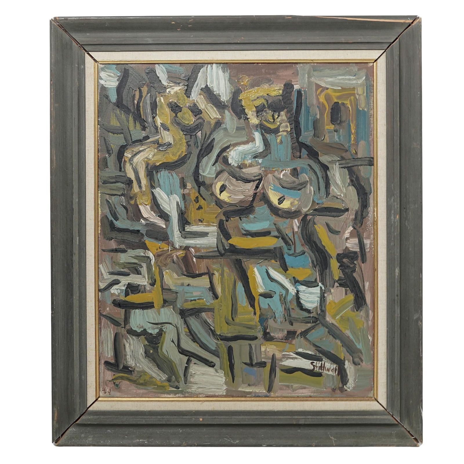 Signed Abstract Oil on Canvas Painting: Signed Abstract Oil on Canvas Painting Mid 20th Cent. An original mid-century modern abstract oil on board. This work utilizes a heavy, gestural impasto technique to depict an abstract nude female