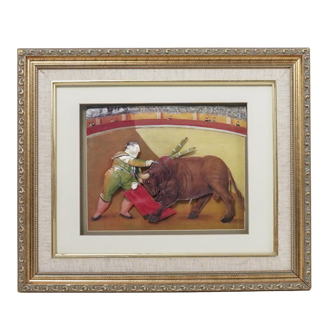 After Fernando Botero Collage After "The Lunge": After Fernando Botero Collage After "The Lunge" Late 20th century Mixed media 3D collage inspired by Fernando Botero's painting "The Lunge" featuring a matador and bull. It is housed in a metallic