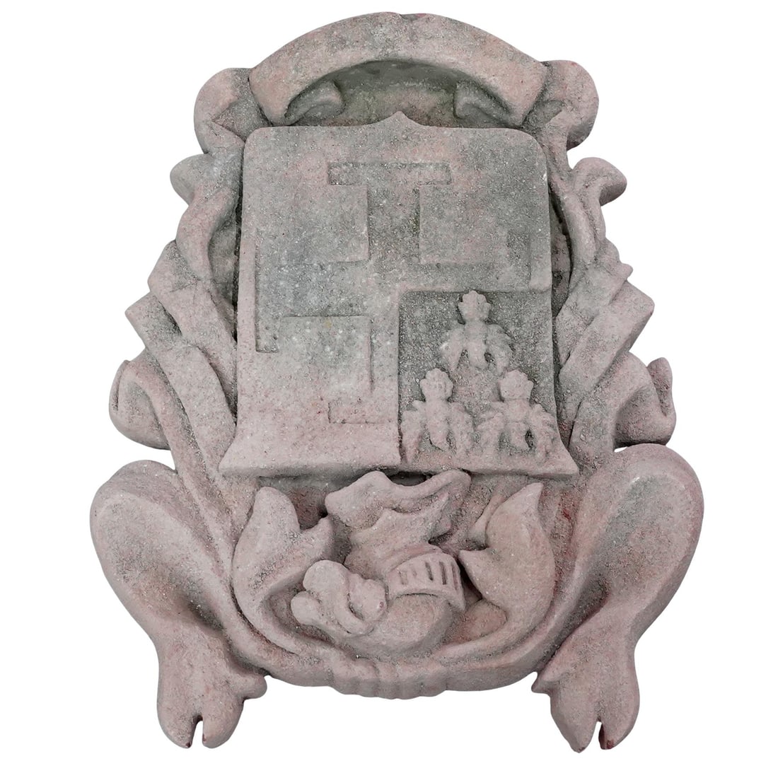 Cast Stone Heraldic Plaque: Cast Stone Heraldic Plaque 20th century, European A stone heraldic plaque, features a large cross in the center with three eagles in the upper left quadrant. H 24" x W 18"