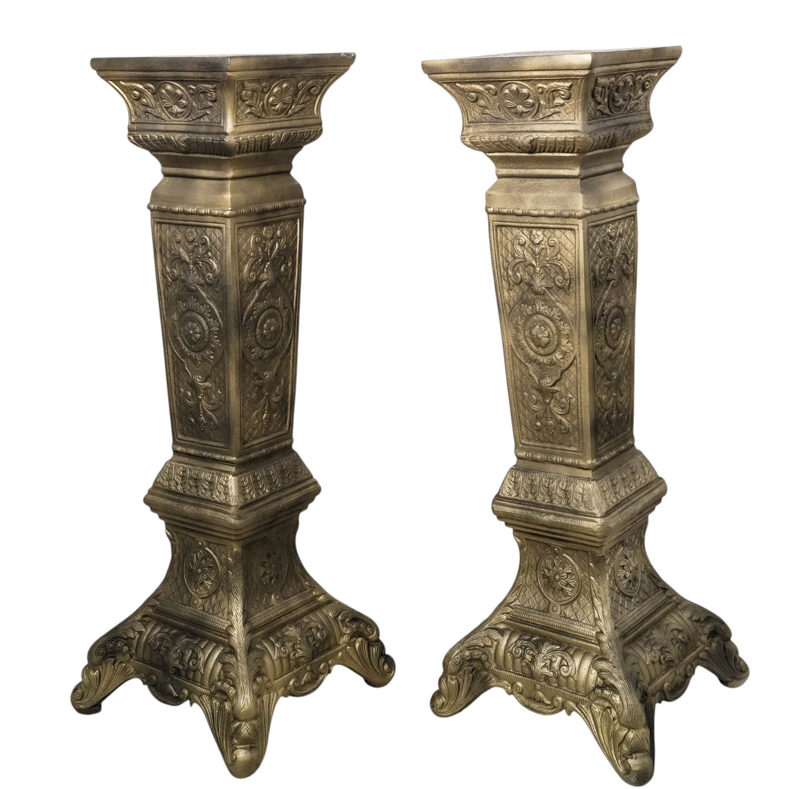 Pair Baroque Gilt Brass Pedestals: Pair Baroque Gilt Brass Pedestals Early to mid 20th century, European A pair of Baroque or Neoclassical style gilt brass pedestals with a patinated finish. H 36" x W (base) 13" x W (top) 10.25"