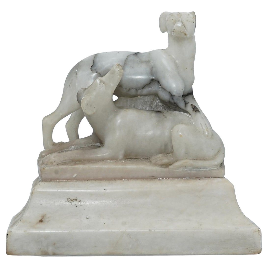 Italian Carved Alabaster Figural Candle Holder: Italian Carved Alabaster Figural Candle Holder 20th century, Italian Italian Carved Alabaster Figural Dogs Candle Holder. Depicts a pair of resting dogs over a rectangular plinth. With incised 'Made