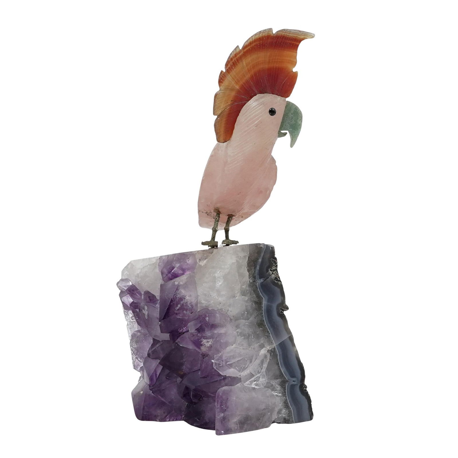 Carved Gemstone Parrot Sculpture: Carved Gemstone Parrot Sculpture Late 20th century, Brazilian Handcrafted gemstone bird sculpture featuring a rose quartz body with a multicolored agate crest, perched on a raw amethyst cluster base.
