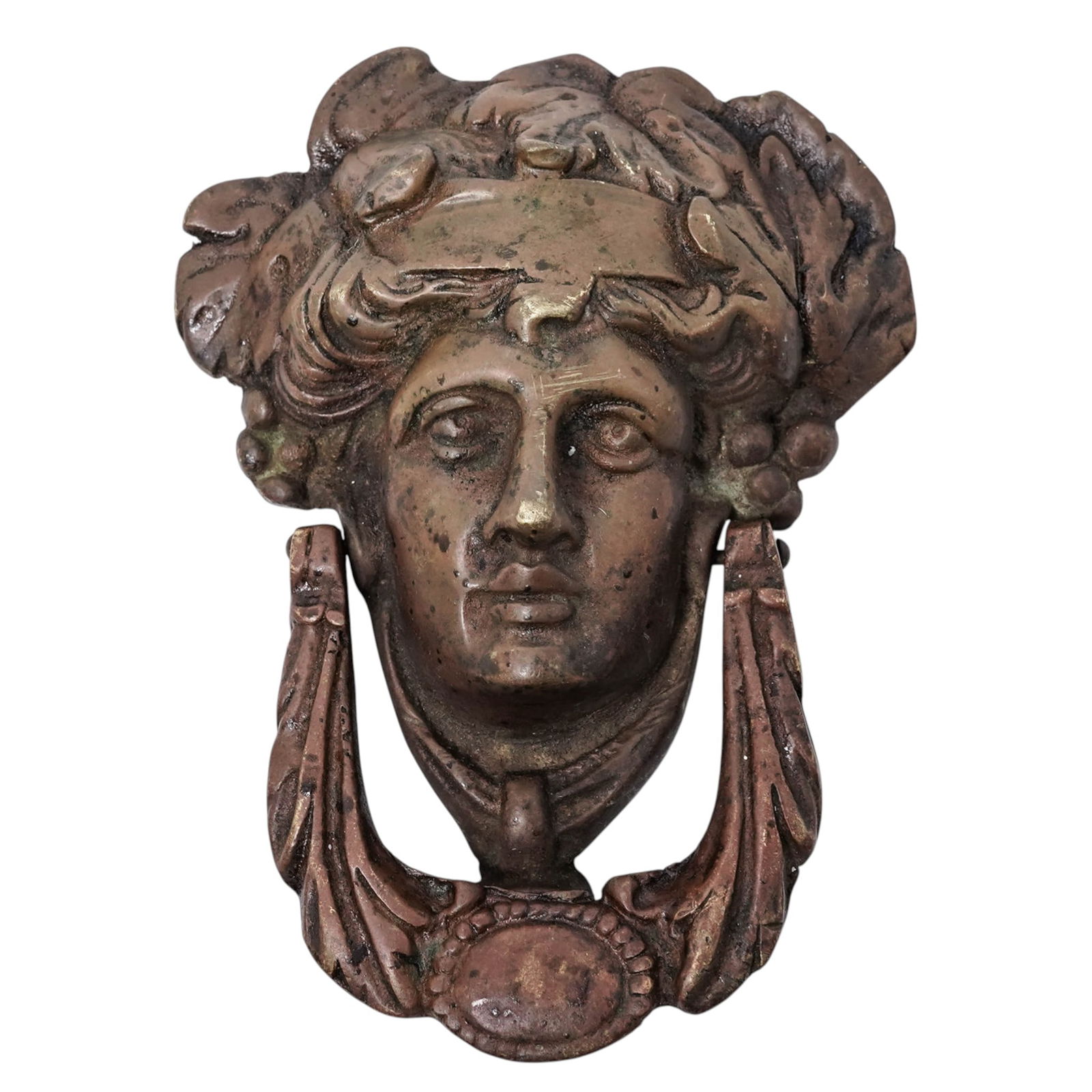 Neoclassical Dionysus Brass Door Knocker: Neoclassical Dionysus Brass Door Knocker Mid to Late 20th century Vintage cast brass Greco-Roman style door knocker featuring the head of Dionysus/Bacchus, crowned with grapes and leaves, and a