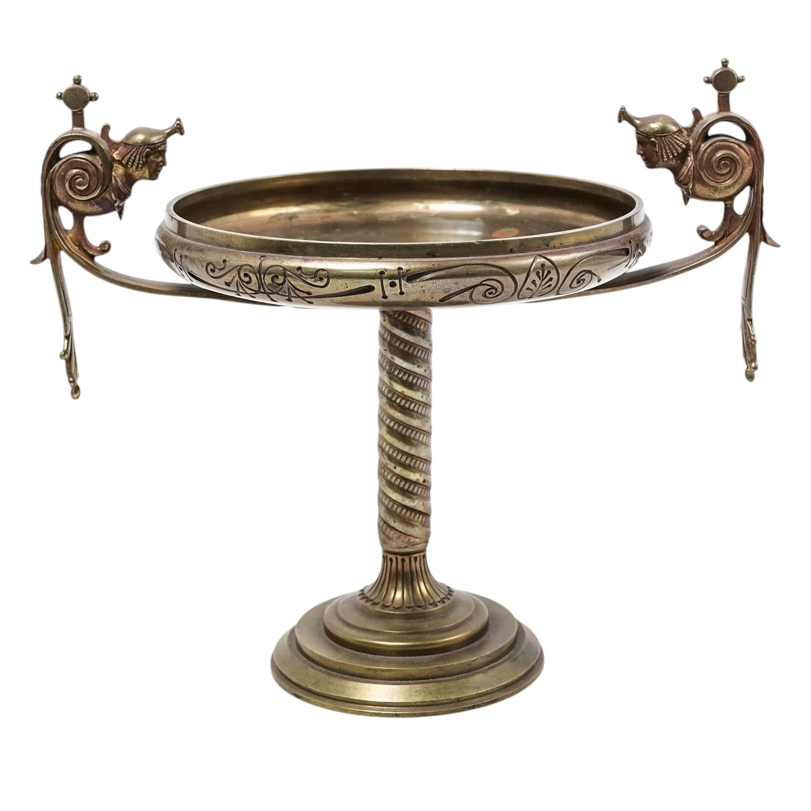 Antique Neoclassical Bronze Compote Tazza: Antique Neoclassical Bronze Compote Tazza Early 20th century, Continental Antique Neoclassical bronze compote tazza flanked by a pair of lateral handles decorated with figural head motifs. Foundry